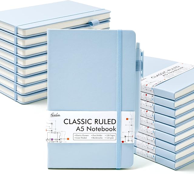 Feela 18 Pack Journal Notebook pour le travail, Business Notebook Bulk Couverture rigide Lited Writing Journal avec porte-stylo pour les hommes Femmes Note Prise, avec 18 Stylos noirs, 120 GSM, 5.1.1.x8.3. A5, Bleu clair