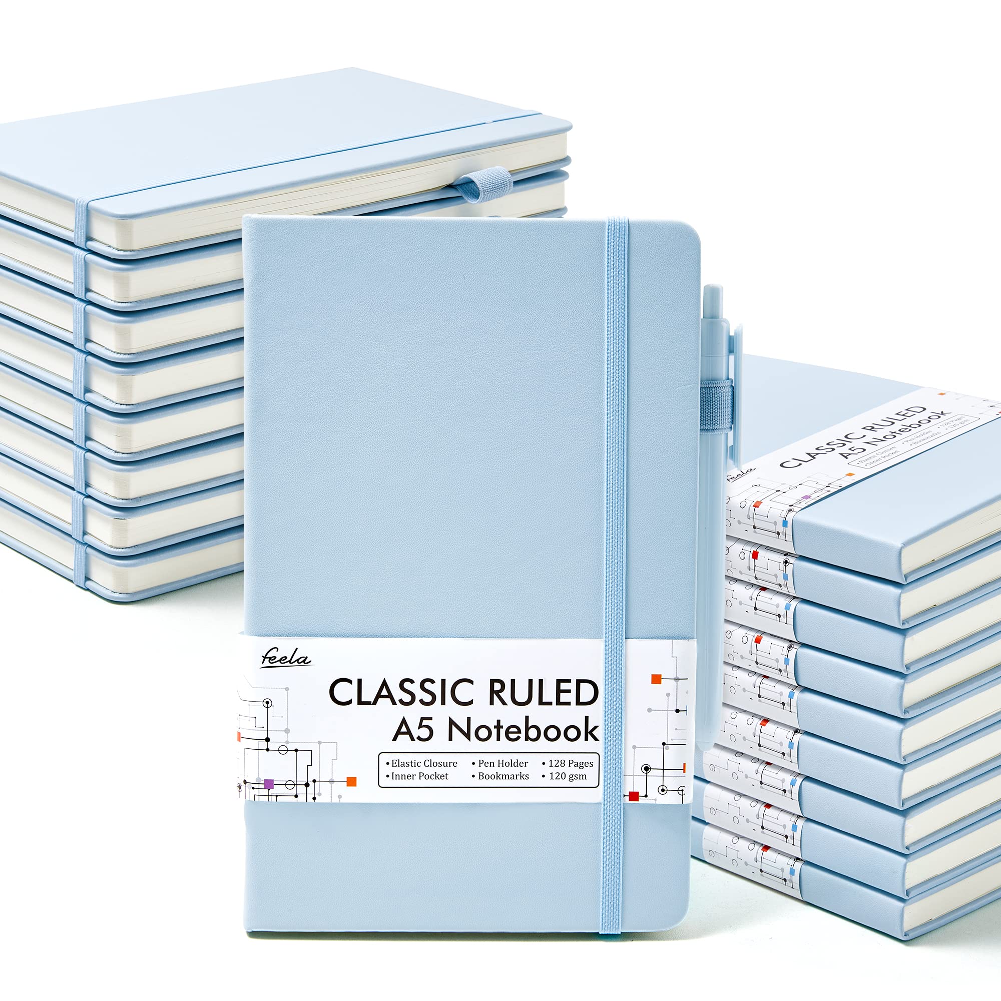 feela 18 Pack Journal Notebook for Work, Business Notebook Bulk Hardcover Lined Writing Journal with Pen Holder for Men Women Note Taking, with 18