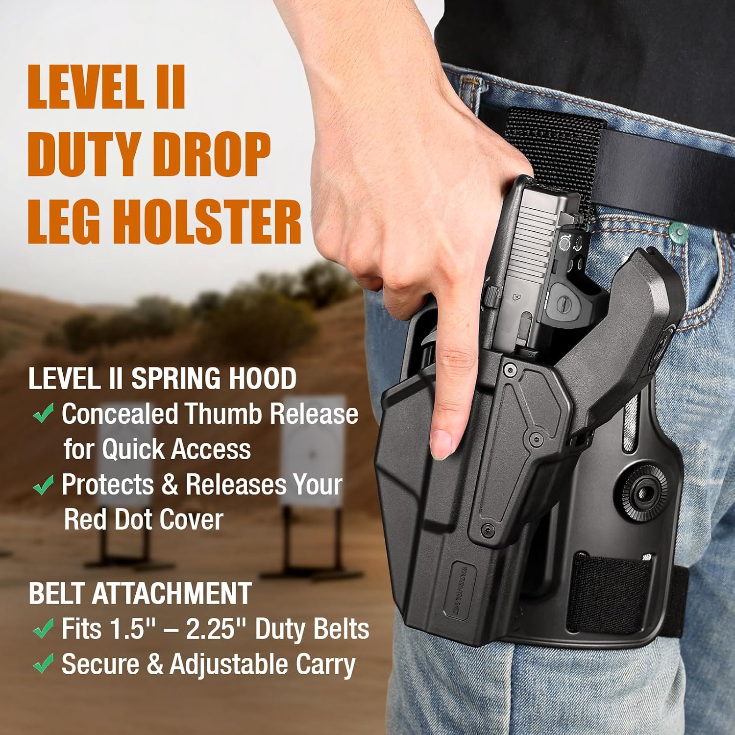 WARRIORLAND Level 2 Drop Leg Holster for 17/19/ 22/23 Gen 3-5 & G31/32 Gen 3-4 & 19X/44/45/47/49 & MOS Version, Optic Cut with RDS Cover, Tactical Thigh Holster with Adj. Heigh, Open Muzzle Design