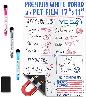 Magnetic Dry Erase White Board Sheet for Fridge - 17x11 - Stain Resistant Technology with 3 Markers & Big Eraser with Magnet - Small Refrigerator Whiteboard Planner Organizer - by Yes4Quality