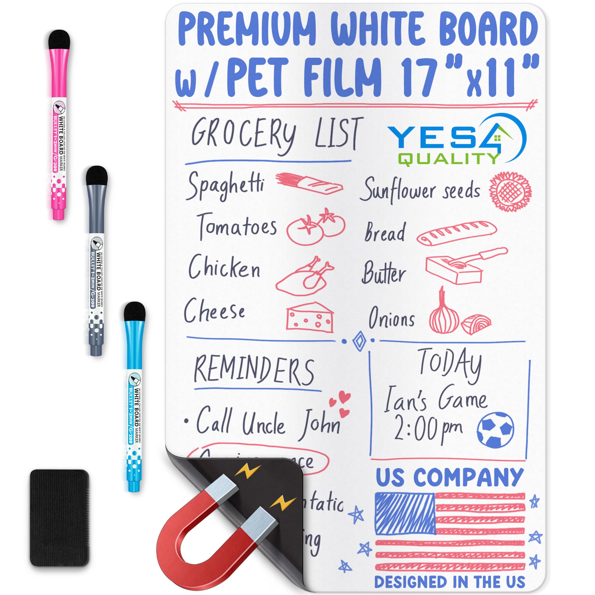 Magnetic Dry Erase White Board Sheet for Fridge - 17x11 - Stain Resistant Technology with 3 Markers & Big Eraser with Magnet - Small Refrigerator