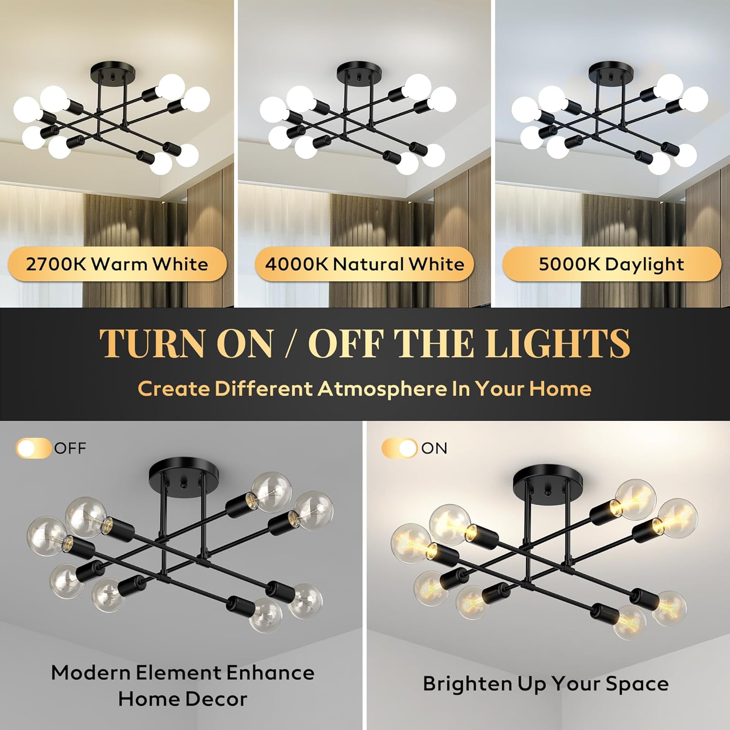 Modern Sputnik Chandelier Ceiling Light Fixtures, 5.9" Ceiling Canopy, 8-Lights Mid Century Industrial Metal Semi Flush Mount for Dining Room, Bedroom, Living Room-Black