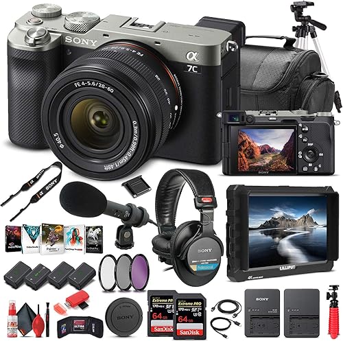 Sony Alpha a7C Mirrorless Digital Camera with 28-60mm Lens (Silver) ILCE7CL/S + 4K Monitor + Headphones + Pro Mic + 2 x 64GB Memory Card + 3 x