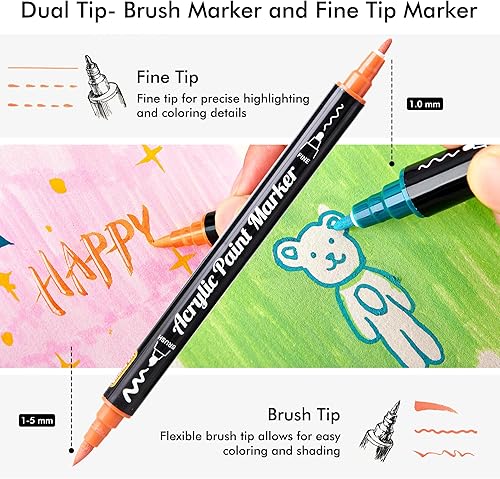 Miniatura 20 de 28 marcadores de pintura acrílica metálica de doble punta, con punta de pincel y punta fina, para pintar roca, cerámica, madera, lienzo, plástico