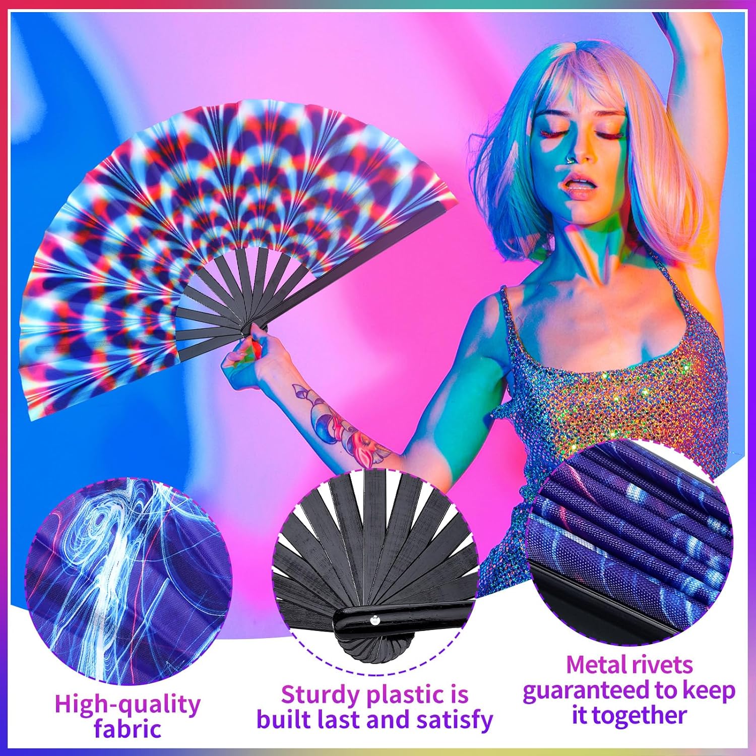 20 Pcs Rave Fans Bulk Large Folding Hand Fans with Plastic Ribs for Men Women, Chinese Japanese Rainbow Handheld with Fabric Case for Drag Queen Dance Club Music Festival Party(Innovative)