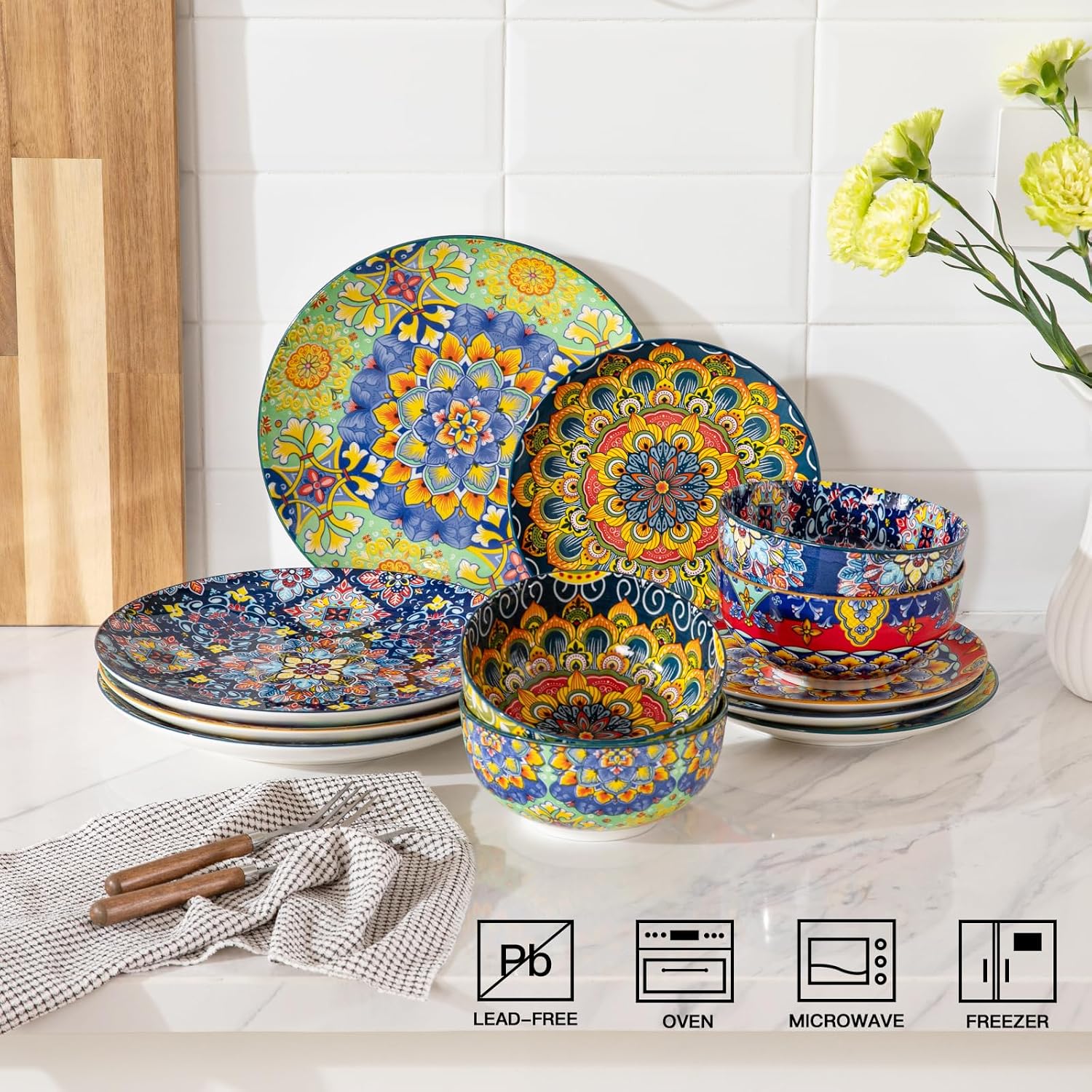 Sweejar Ceramic Dinnerware Sets for 4,12 Pieces Boho Plates and Bowls for Kitchen,Housewaring Gift,Bohemian Style Dish Set,Dishwasher and Microwave Safe(Colorful) image 2