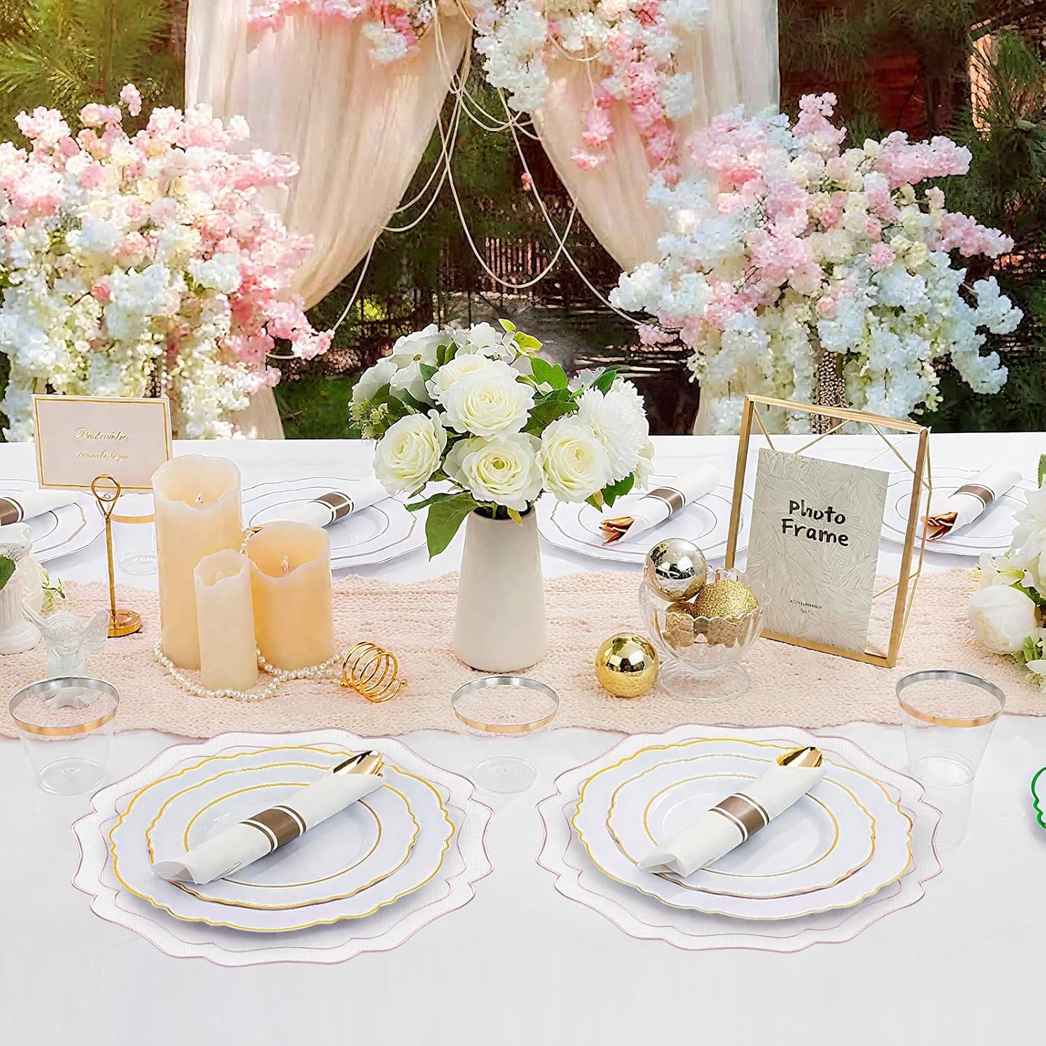 8 Sets Ribbon Twirl Cotton Linen Placemats, 15 inch Embroidery Round Cloth Table Mats with Pink Scalloped Edge Washable Fabric Place Mats Flower Shape for Wedding Baby Shower Party Table Decor