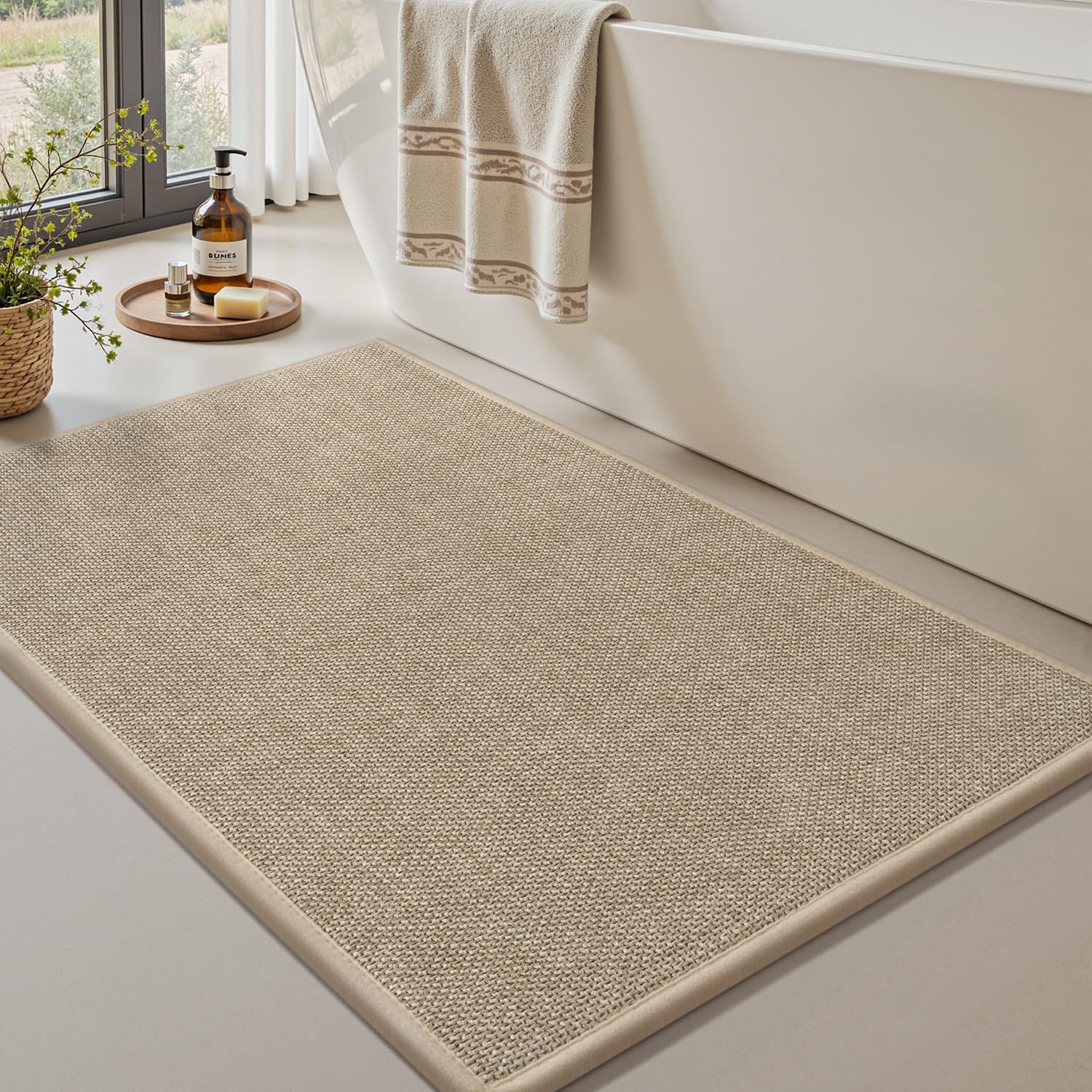 Bath Mats for Bathroom Rugs Non Slip Washable Absorbent Bath Mats Quick Dry,Upgraded Soft PVC Backing Ultra Thin Bathroom Rug Fit Under Door,Washroom Mat Small Bath Rugs,17″x24″,Beige