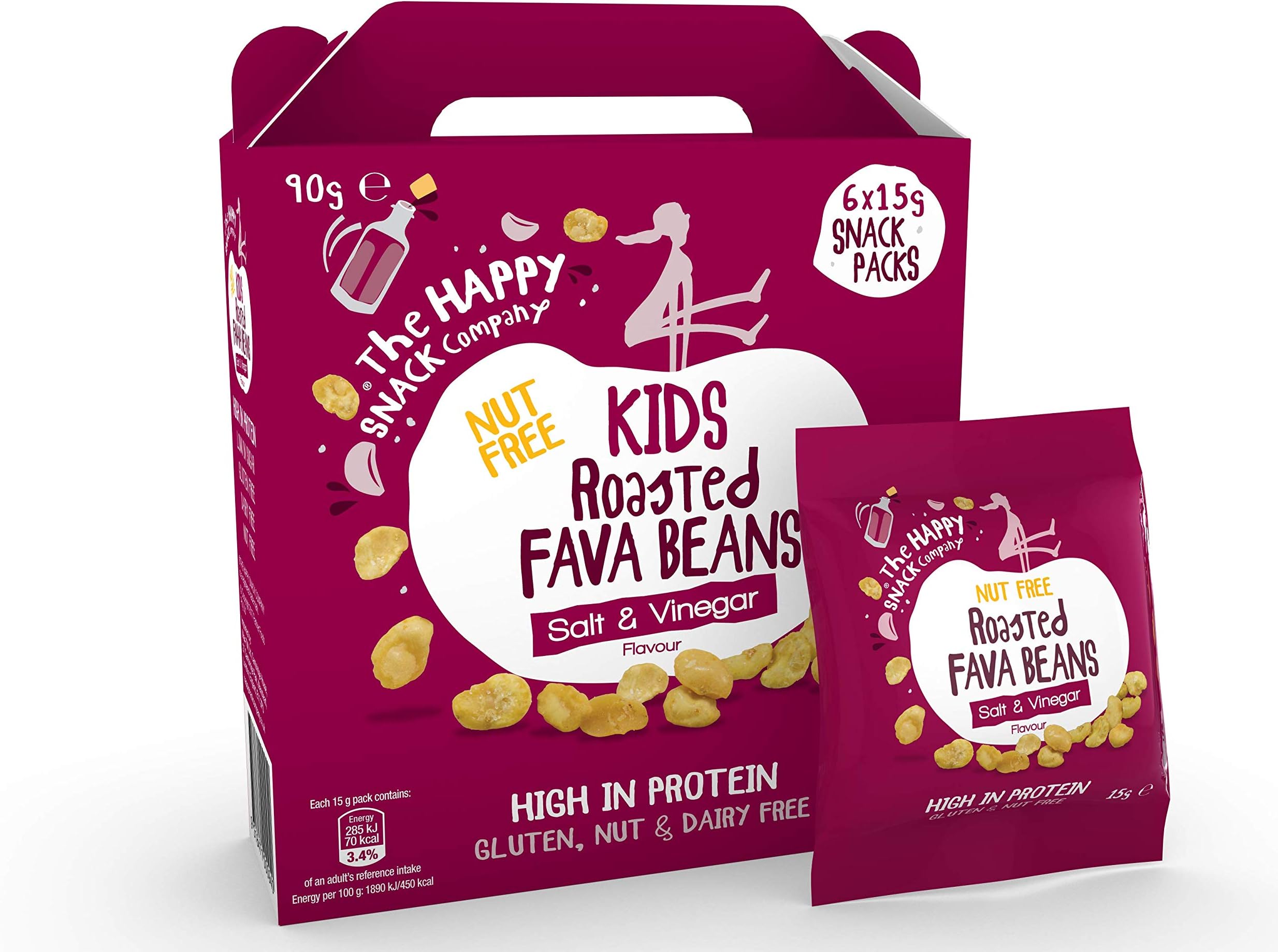 The Happy Snack Company Roasted Fava Beans, Salt and Vinegar Flavour Healthy Snacks, Lunchbox Friendly, High Protein, Low sugar, Nut and Gluten Free, Vegan, School Snacks, 15g Portion, Pack of 30