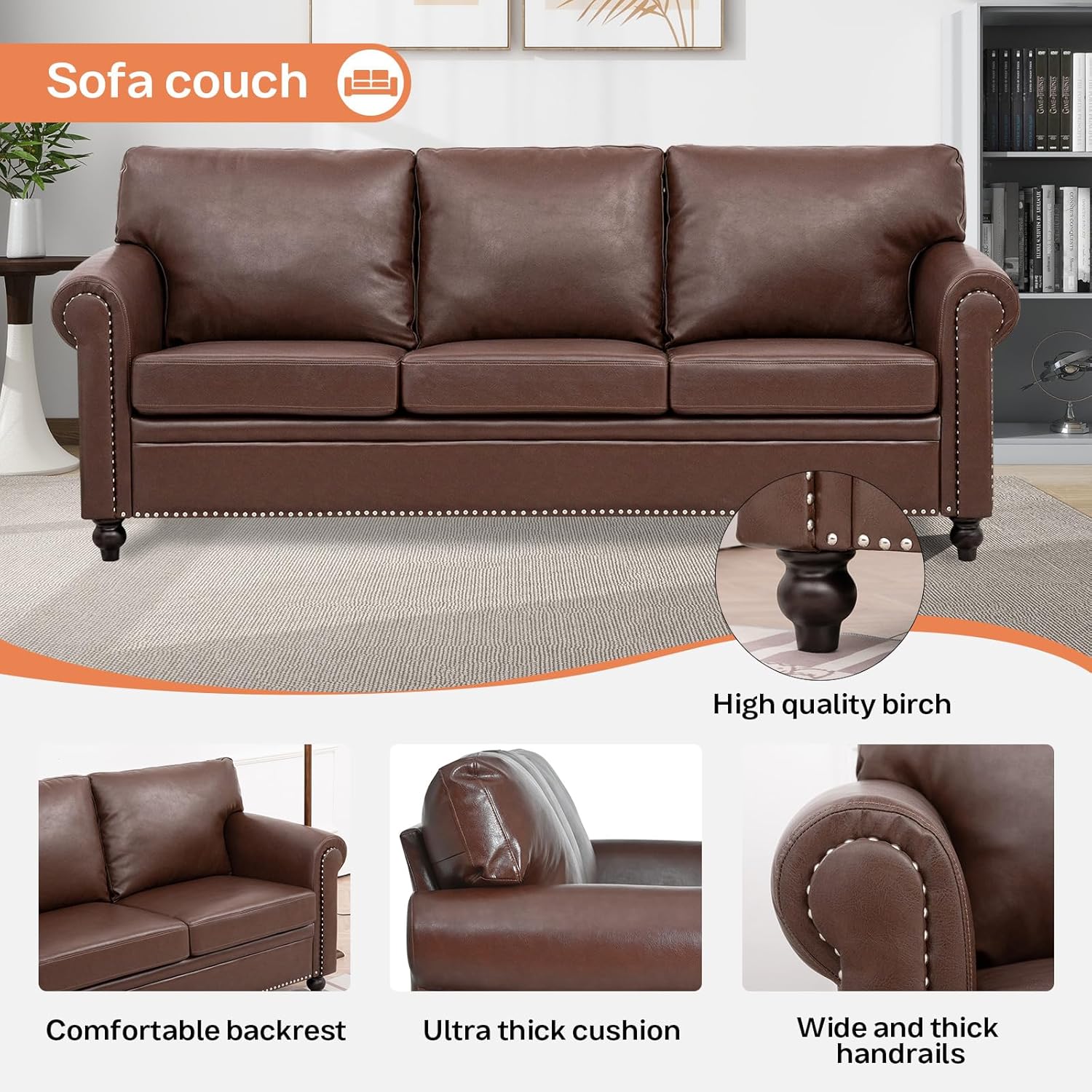 84'' Brown Faux Leather 3 Seater Couches with Rivet Rolled Arm, Modern Mid Century Sofas for Living Room Apartment Office Easy Assembly (Brown PU, One Sofa)