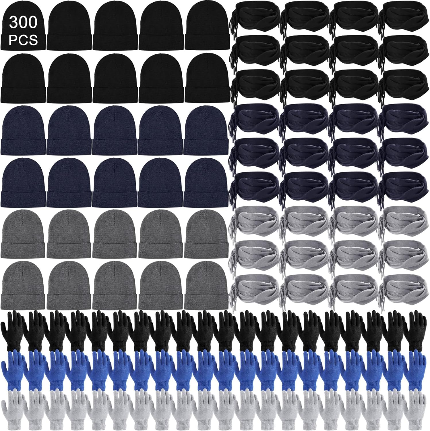 Unittype 300pcs Winter Homeless Care Supplies Bulk - Beanies Caps Gloves Scarves Set for Community Charity Church Donation (Classic Colors)