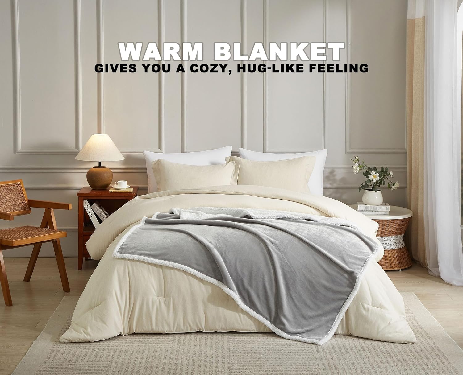 480GSM Sherpa Blanket Twin Size, 60x80 Thick Warm Blanket for Bed, Double-Layered Reversible Fuzzy Blankets, Oeko-TEX Certified, Grey 60x80