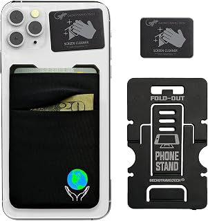 Gecko Travel Tech Double Pocket - Adhesive Card Holder - Cell Phone Pouch - Stick on Spandex Pocket - Carry Credit Cards and Cash (Earth Black)
