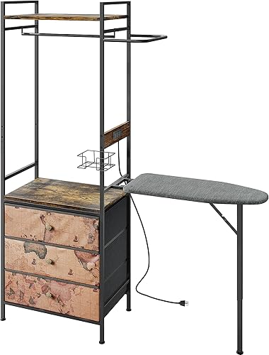OROPY Perchero 3 en 1 con tabla de planchar y 3 cajones de tela, estante de ropa resistente con estantes de madera, tabla de hierro plegable con