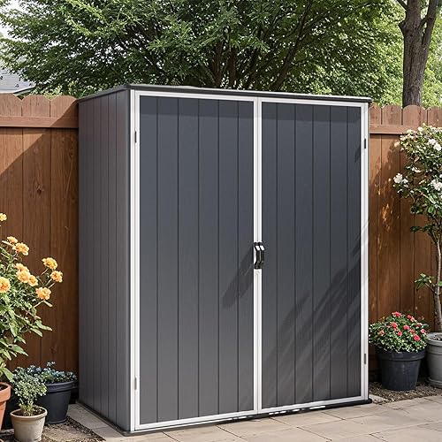 Patiowell Plastic Outdoor Storage Shed, 5 x 3 FT Patio Outdoor Storage Cabinet with Stable Roof & Lockable Doors, Waterproof Resin Shed for Tools, Patio Furnitrue Accessories, Dark Gray