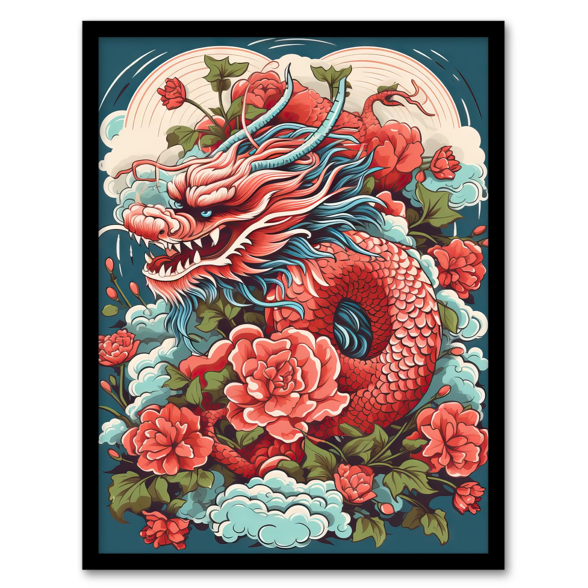 Artery8 Fantasy Dragon Fierce Peony Flower 2024 Chinese Year Of The Dragon Artwork Framed Wall Art Print 18X24 Inch