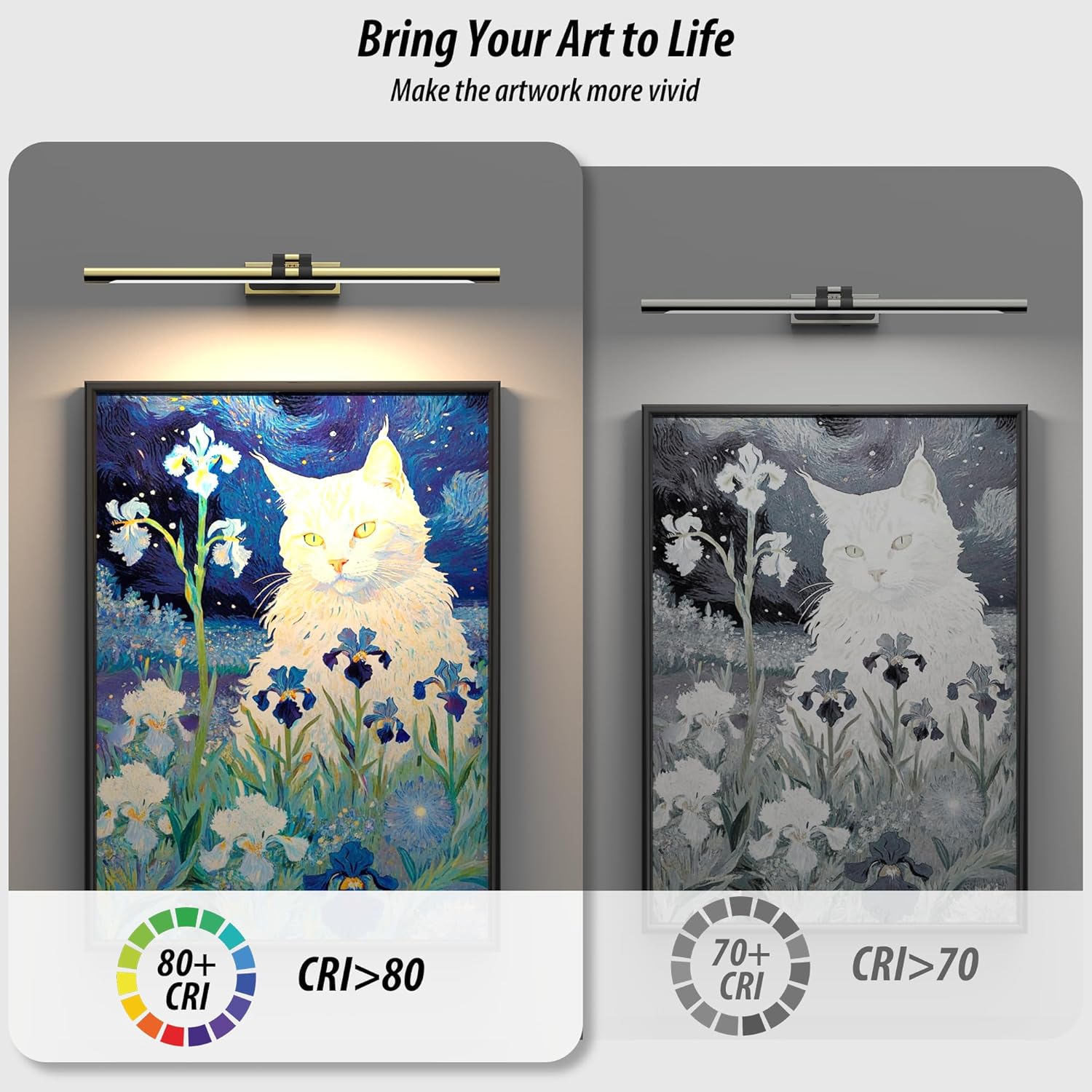 Brass Picture Light for Wall - 24inch Dimmable & Rechargeable Art Light with Extendable Arm, 25H Light Time, Angle Adjustable, 3 Color Temperatures Timer - Perfect for Paintings and Home Decor