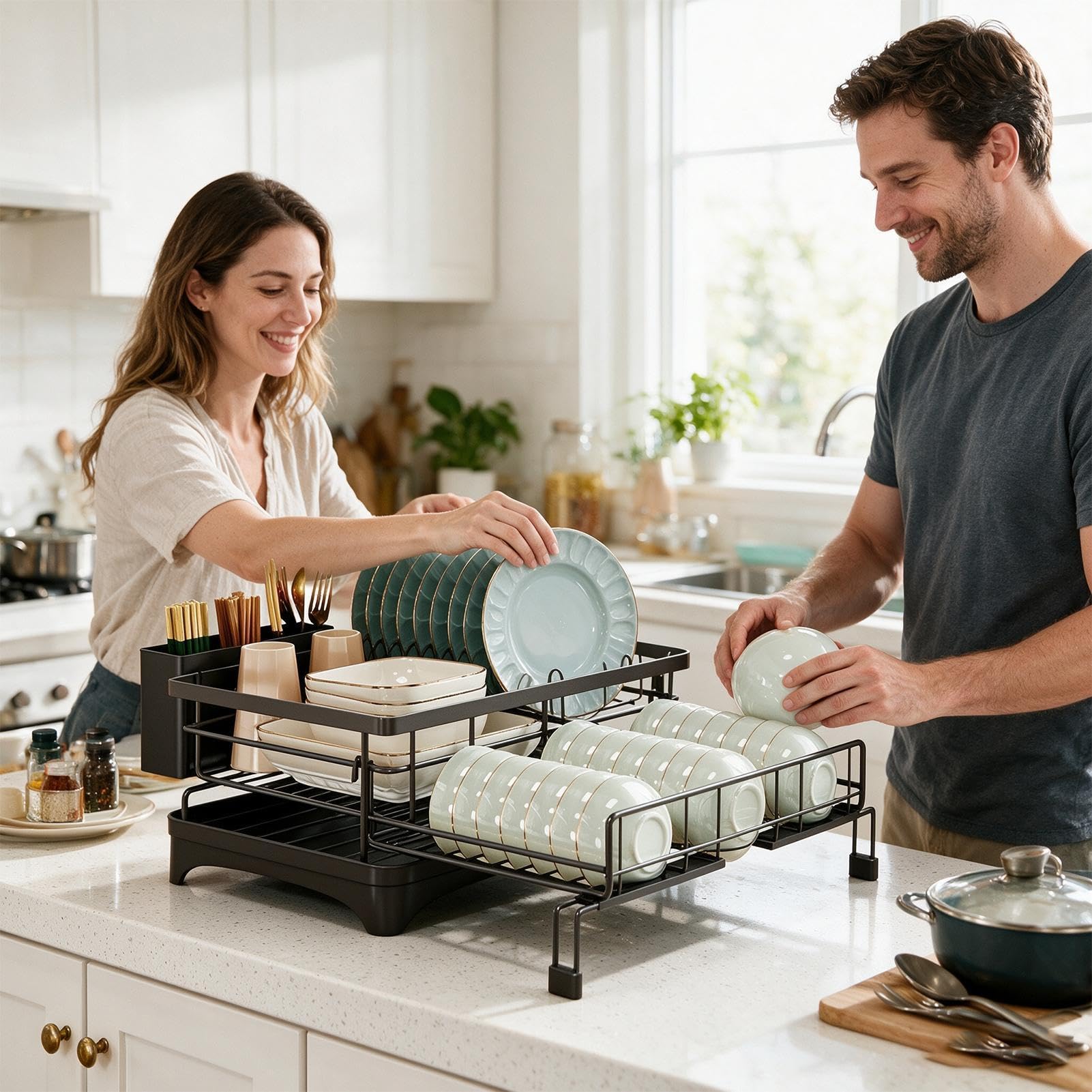 Escurridor De Platos Gran Capacidad Extensible Con Portautensilios | Escurridor De Vajilla Para Fregadero De Cocina Para Taza Tenedor Espátula Cuchara Cubiertos Apartamento Res
