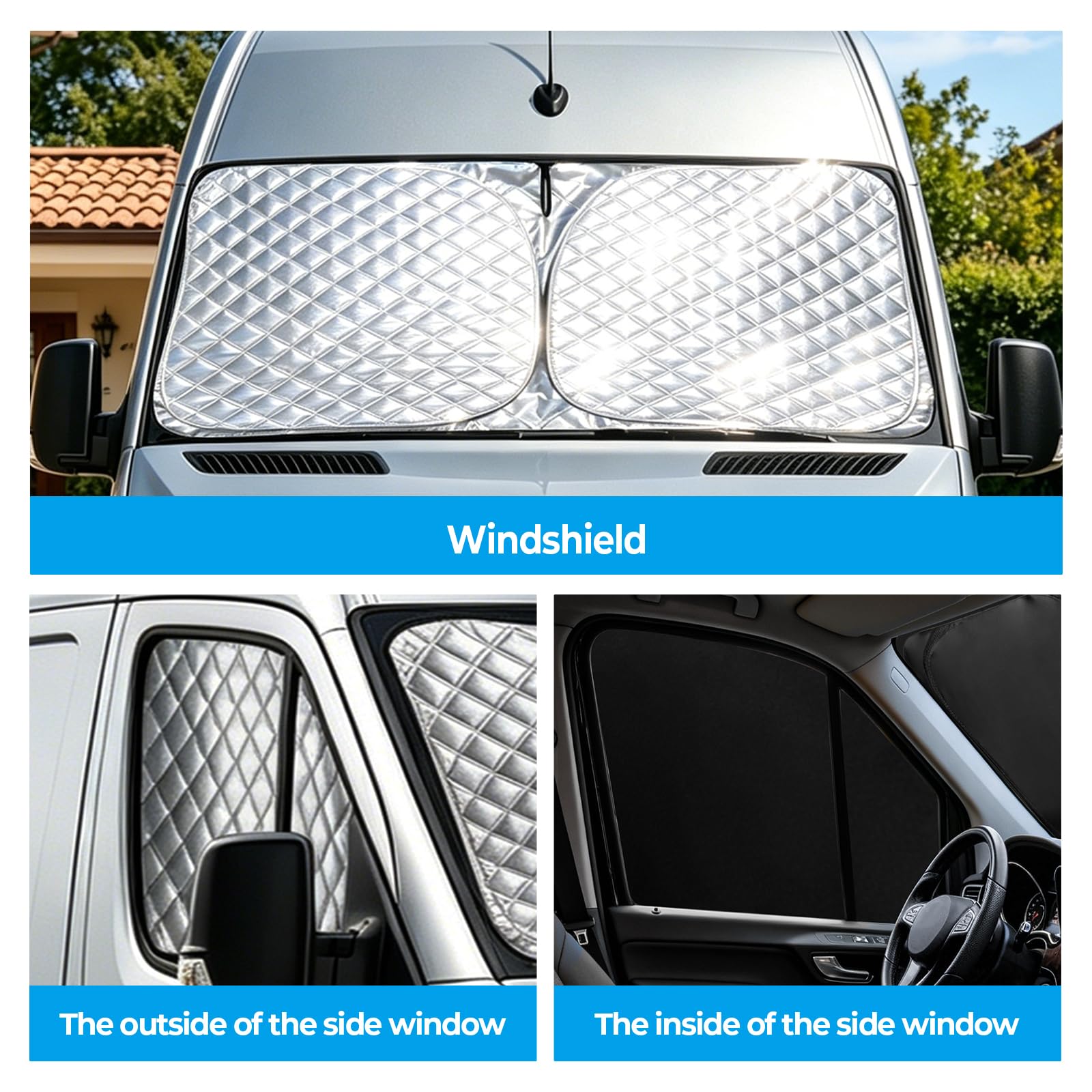 Tappetino termico interno per Mercedes Sprinter 2006 – 2018, 3 pezzi, protezione solare per parabrezza, parasole pieghevole anteriore isolato e parasole magnetico per finestrini laterali