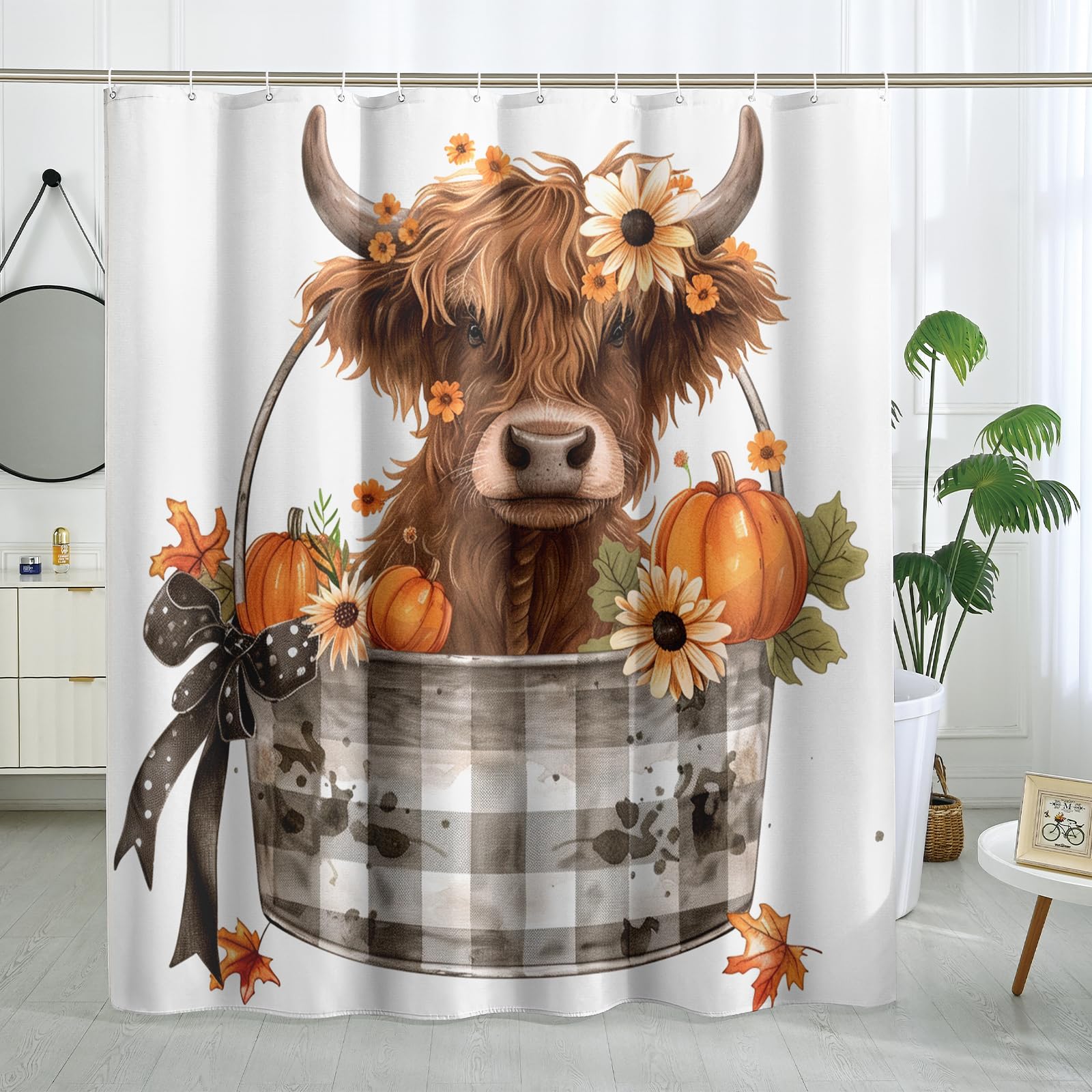 Halloween Highland Cow Shower Curtain Set - Cute Cow In Pumpkin Wizard Hat, 70x70 Inch, Waterproof