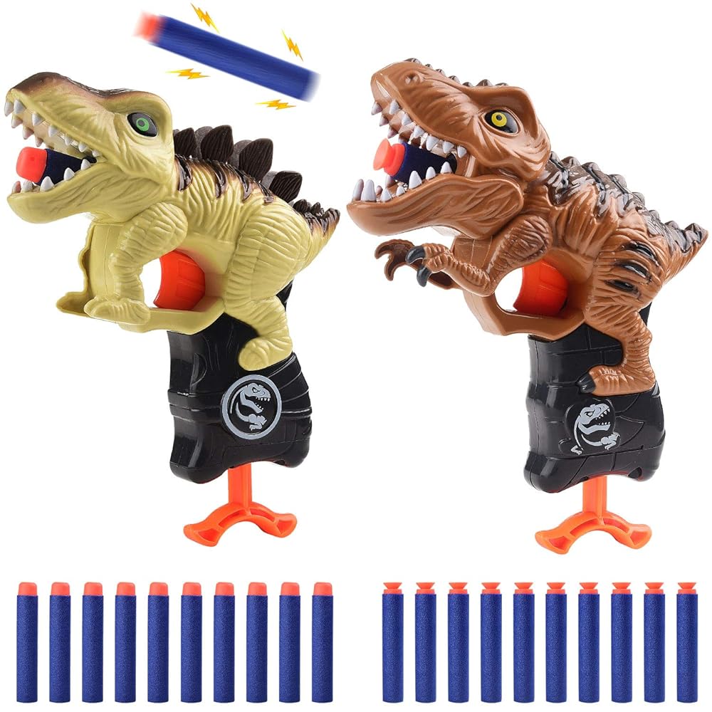 2 Pack Dinosaur Gun Toys for Toddlers Boys 3 4 5 6 7 Year Old Birthday Gifts Valentines Easter Christmas Stocking Stuffers, Small Dino Blaster Shooting Game with Soft Foam Darts Compatible with Nerf