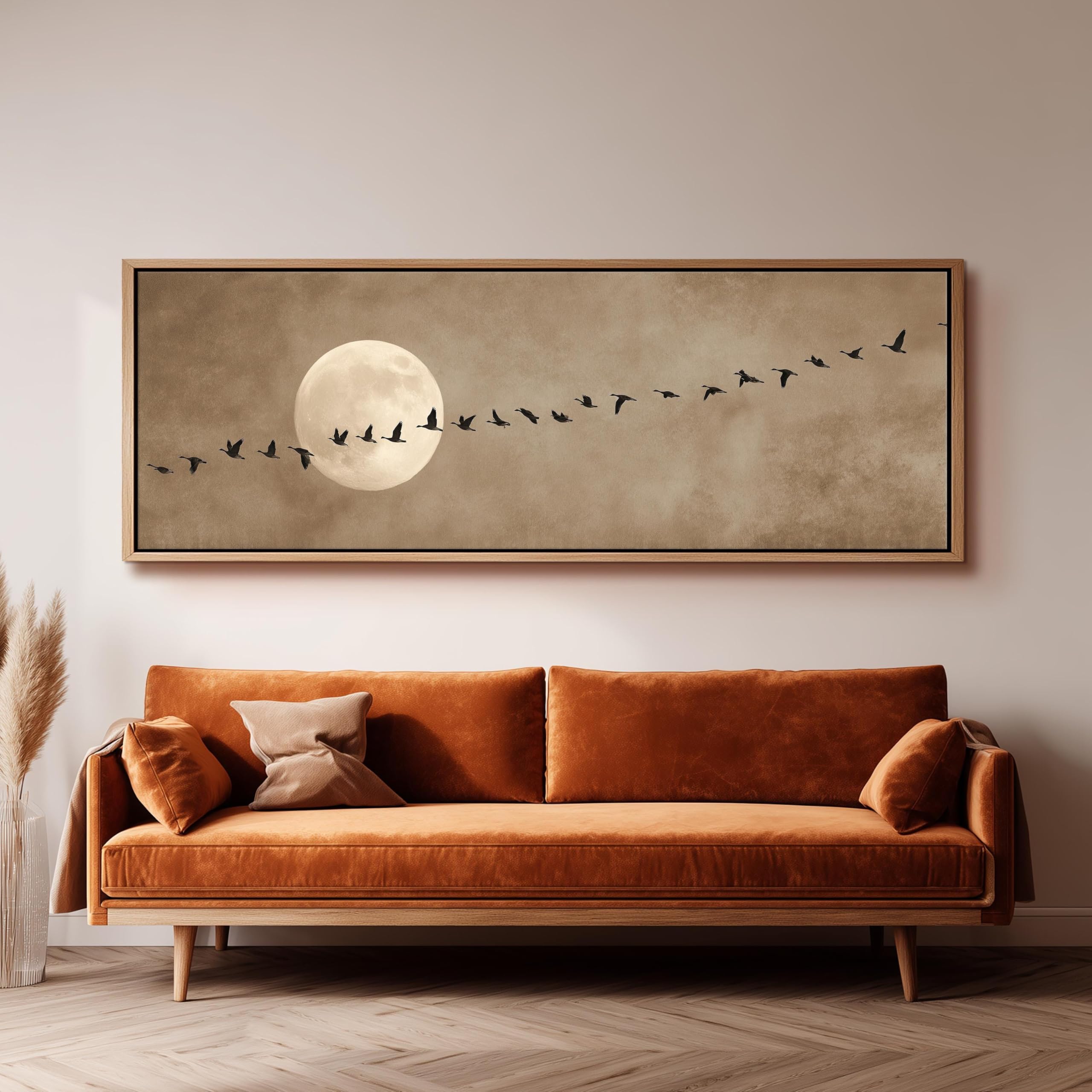 LMYCHENG Birds and Moon Canvas Print, Vintage Sepia Wall Art, Wide Panoramic Wall Decor, Large Artwork, Minimalist Birds Painting(20x60cm/Frameless)