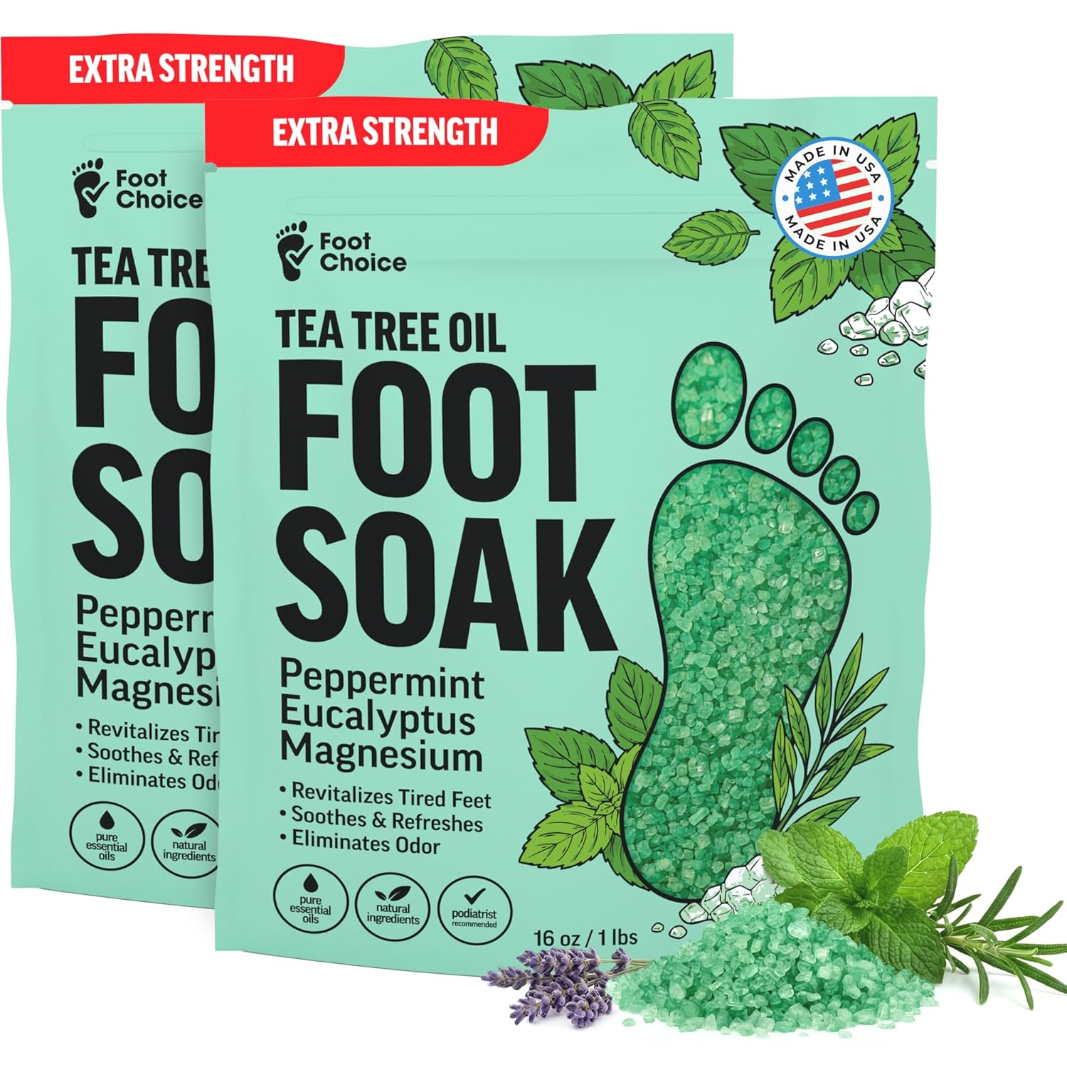 Tea Tree Oil Foot Soak with Epsom Salt - For Toenail Repair, Odor Elimination & Softening Calluses - Soothes Tired, Sore Feet & Itchy Skin - Made in USA, 2-Pack