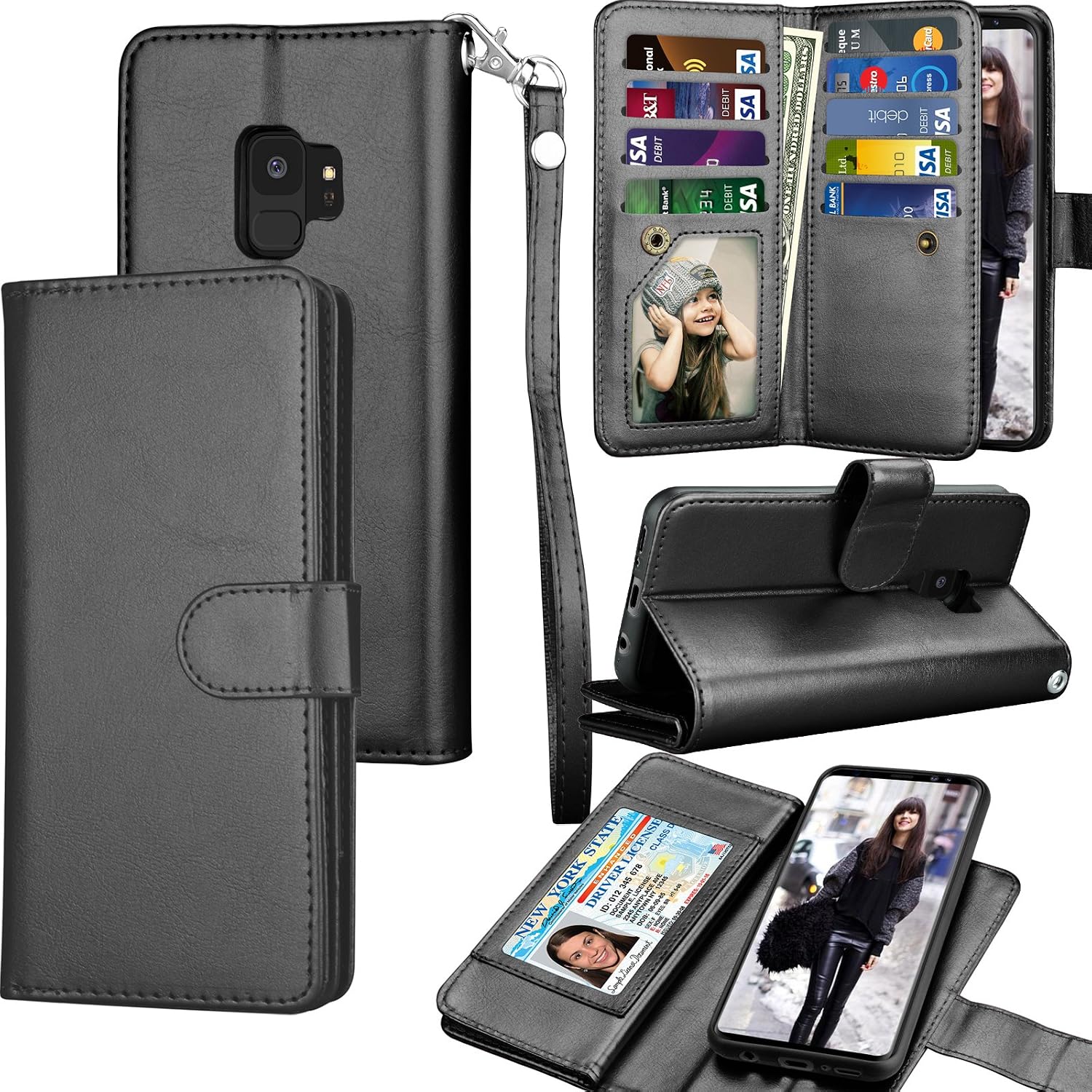 Tekcoo Compatible for Galaxy S9 Wallet Case/Samsung Galaxy S9 PU Leather Case, Luxury ID Cash Credit Card Slots Holder Carrying Folio Flip Cover [Detachable Magnetic Hard Case] & Kickstand -Black