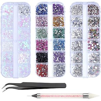 4200 pieces nail glitter sequins nail stickers with crystals nail gems diamonds for nail art including wax pen for rhinestones and rhinestone picks