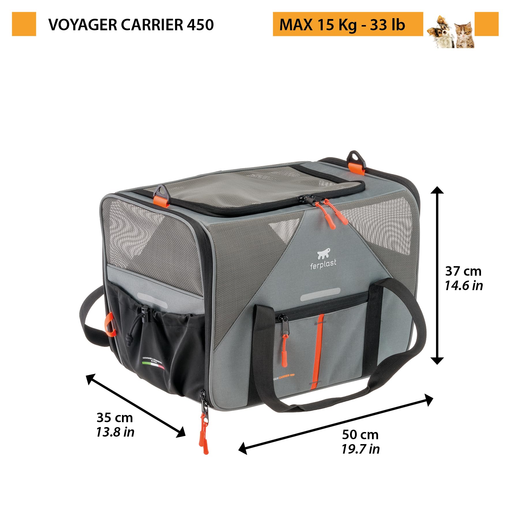 Ferplast Trasportino Gatto VOYAGER CARRIER, Trasportino per Cani, Manici e Tracolla Regolabili, Cinghia di Sicurezza, Doppia Apertura laterale, con Cuscino, Max 15 Kg, 50x35x37h cm, Grigio