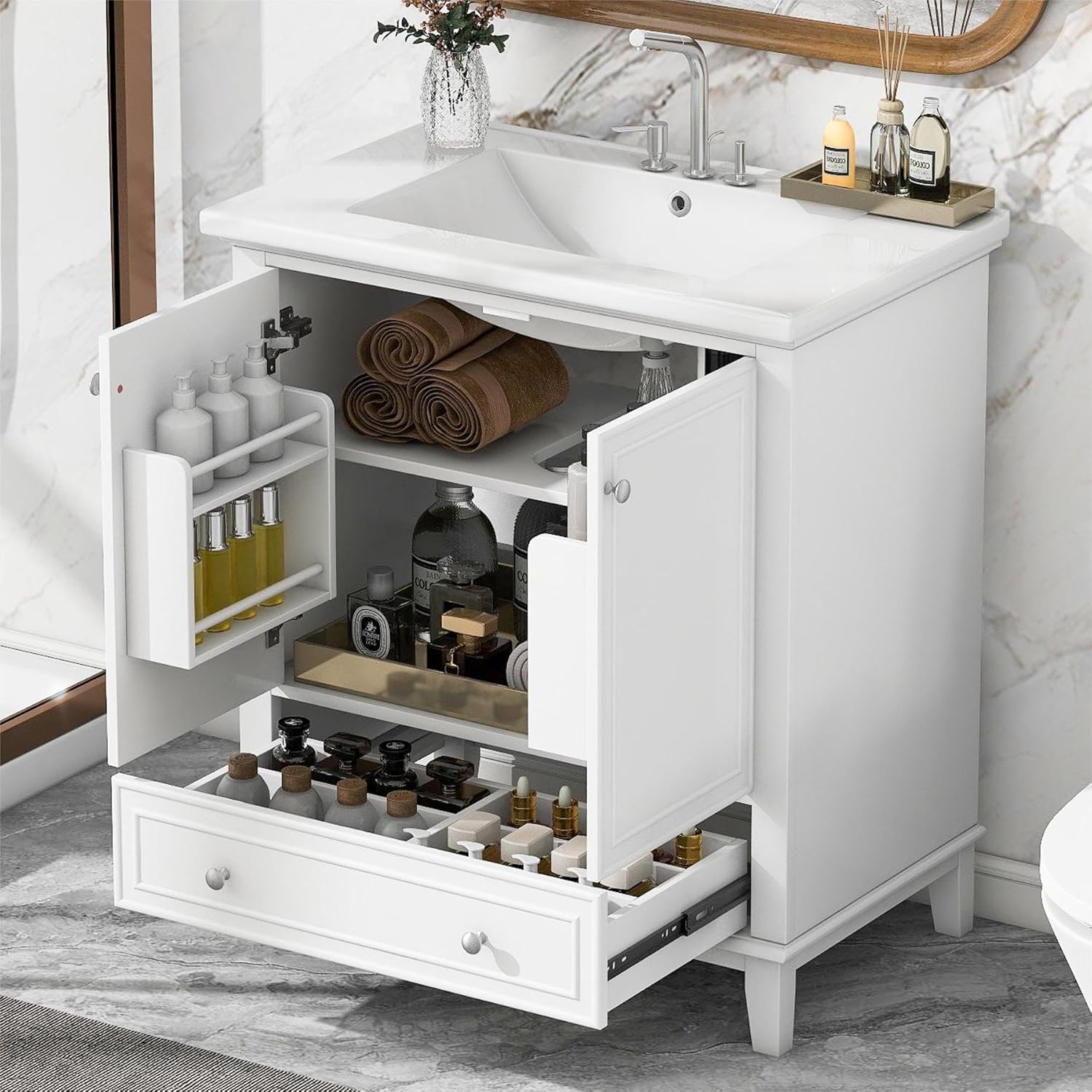 Mirightone 30 Inch Bathroom Vanity with Sink, Bathroom Vanities 30" with Sink, 30 Vanity with Sink for Bathroom, Modern Bathroom Sink Vanity with Doors and Drawer, Solid Frame, No Mirror (White)