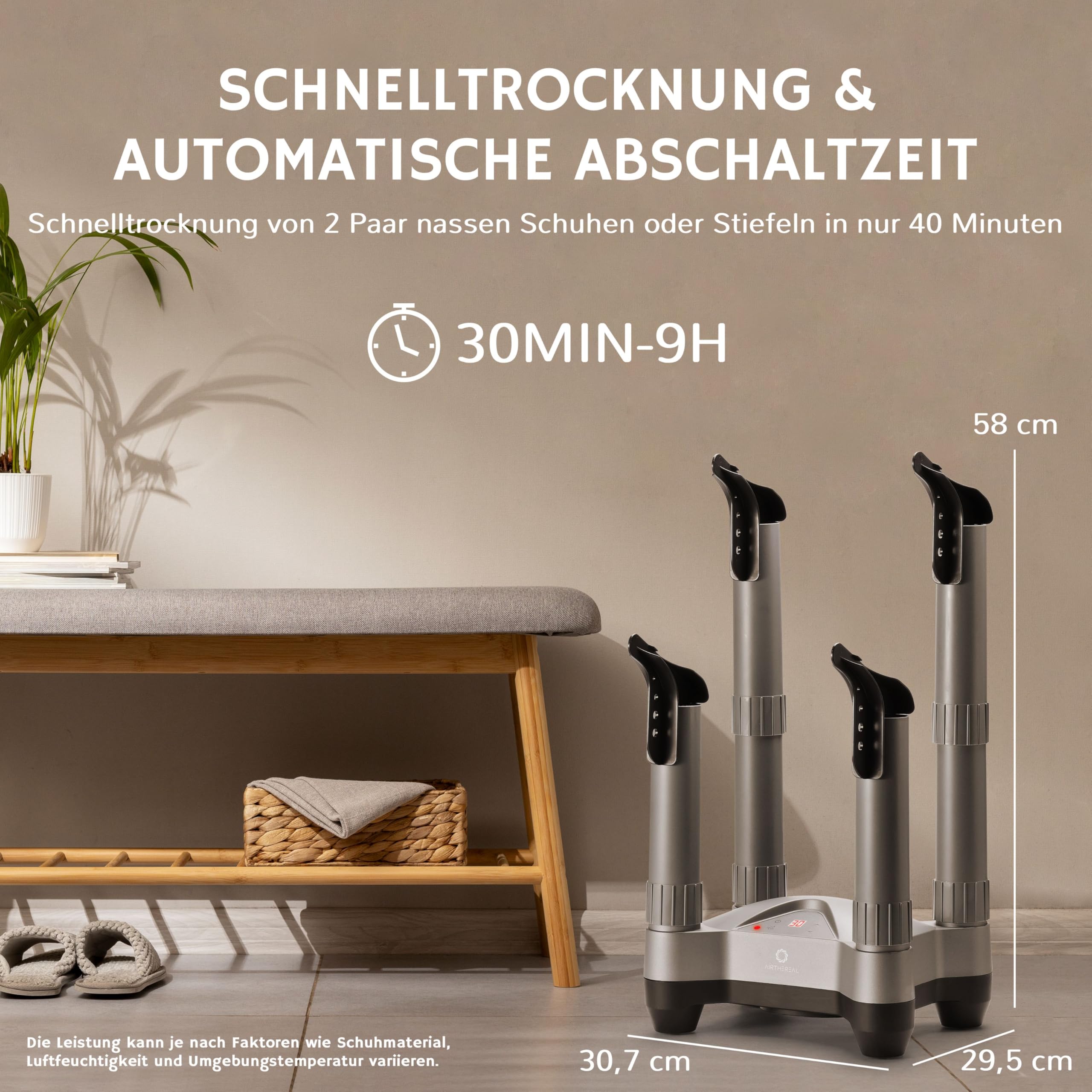 AIRTHEREAL SD20 Elektrischer Schuhtrockner mit Timer & Ozon-Desinfektion | 110W Warmluft für 2 Paar | Teleskop-Stiefeltrockner für Skistiefel, Arbeitsschuhe, Sneaker & Handschuhe | Grau