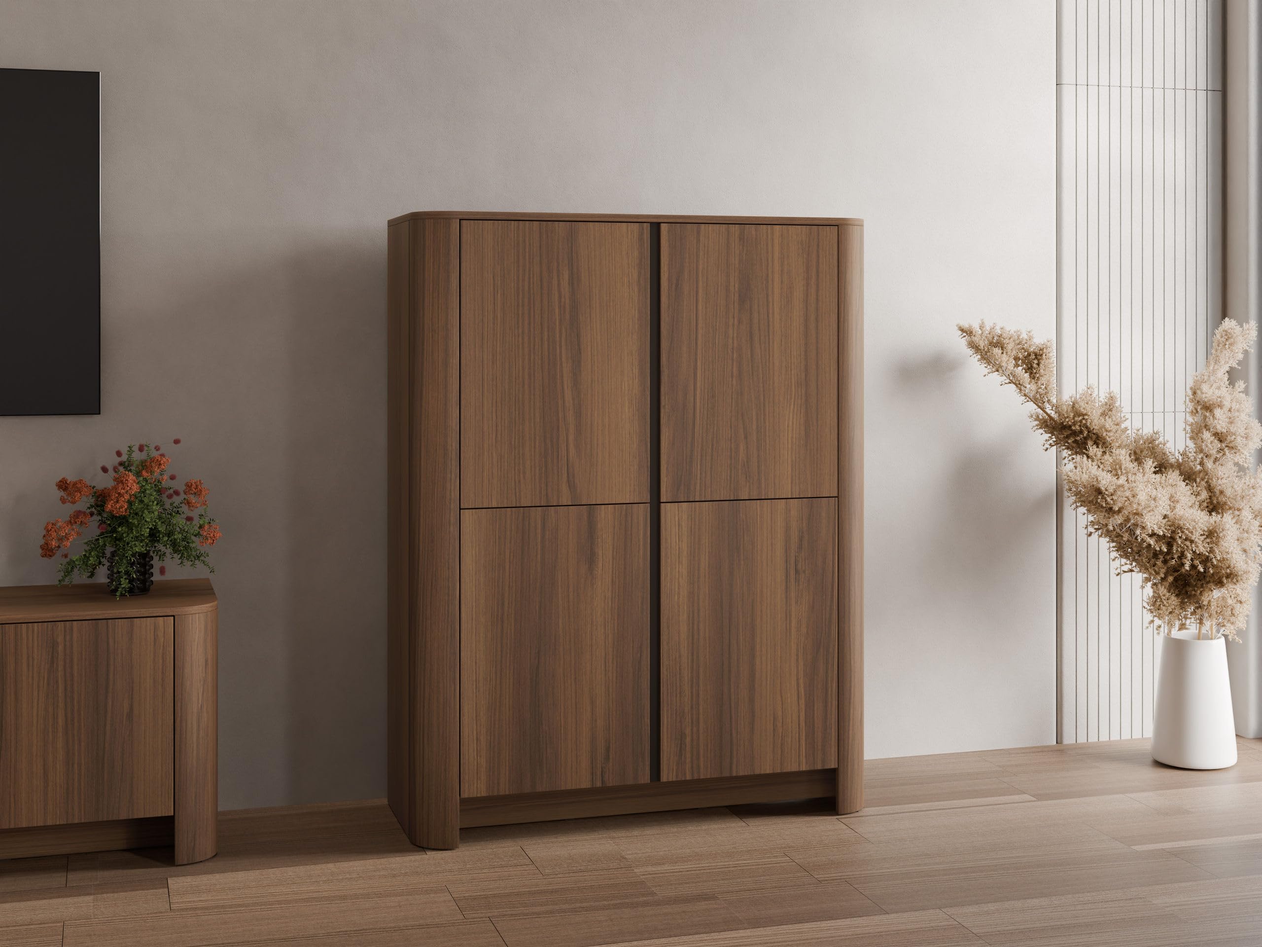Mirjan24 Kommode Binuki K103 mit 4 Türen, 8 Fächer, Sideboard mit viel Stauraum, Türkommode, modernes Wohnzimmermöbel (Nuss Warmia + Schwarz)