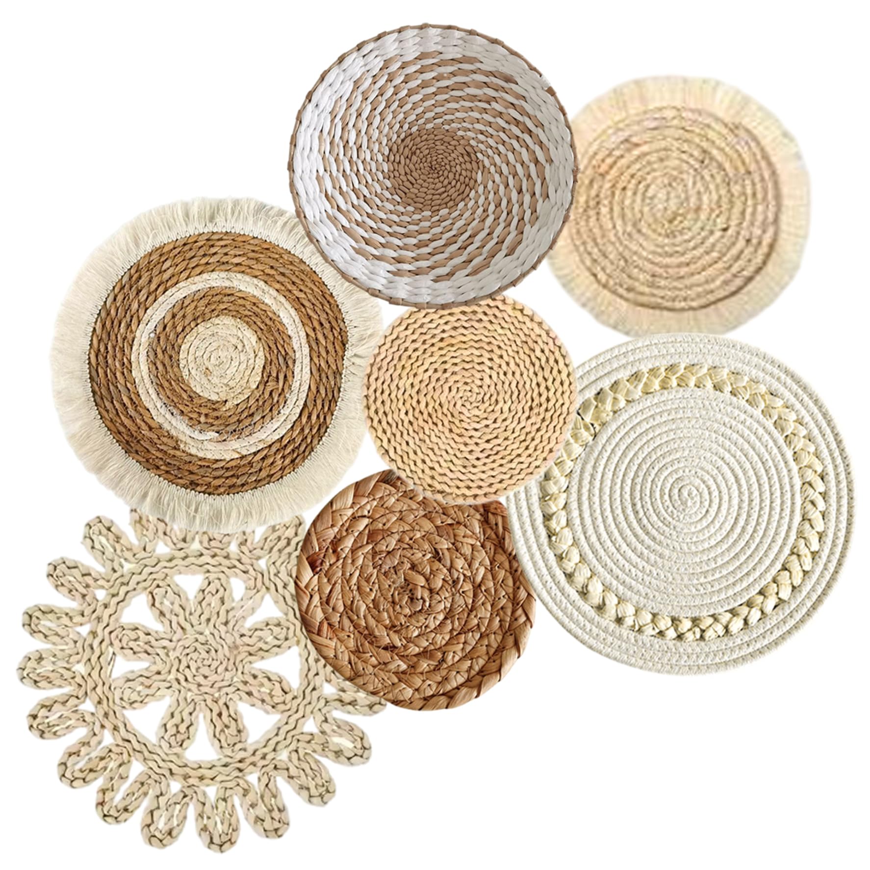 7 paniers muraux bohèmes, 6 tailles, ronds en paille tressée avec crochet, pour décoration de salon, style campagnard