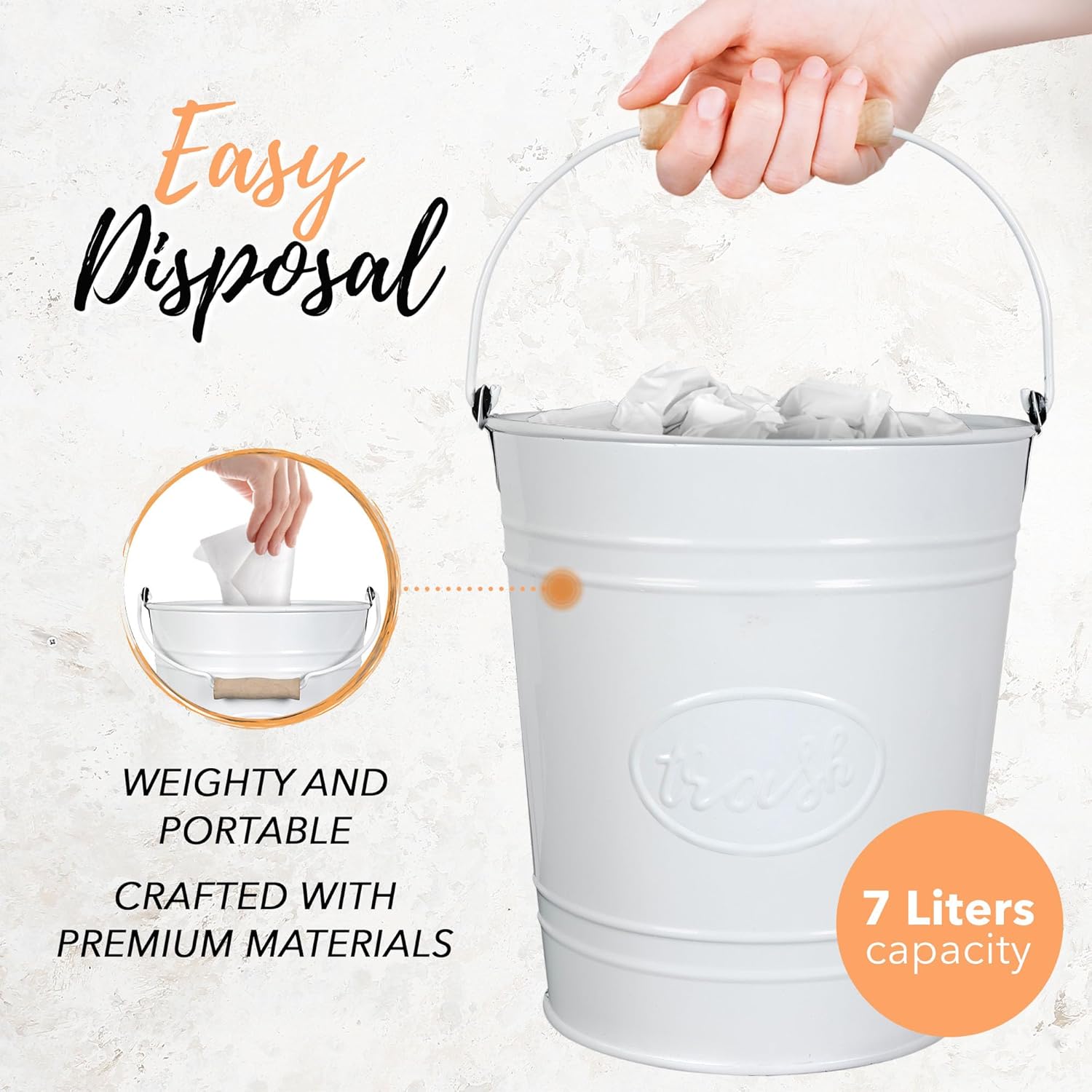 Autumn Alley Farmhouse Bathroom Trash Can & Rustic Bathroom Accessories Set - White Metal Trash Can with Wooden Handle and 4-Piece Bathroom Organizer Set, Farmhouse Décor