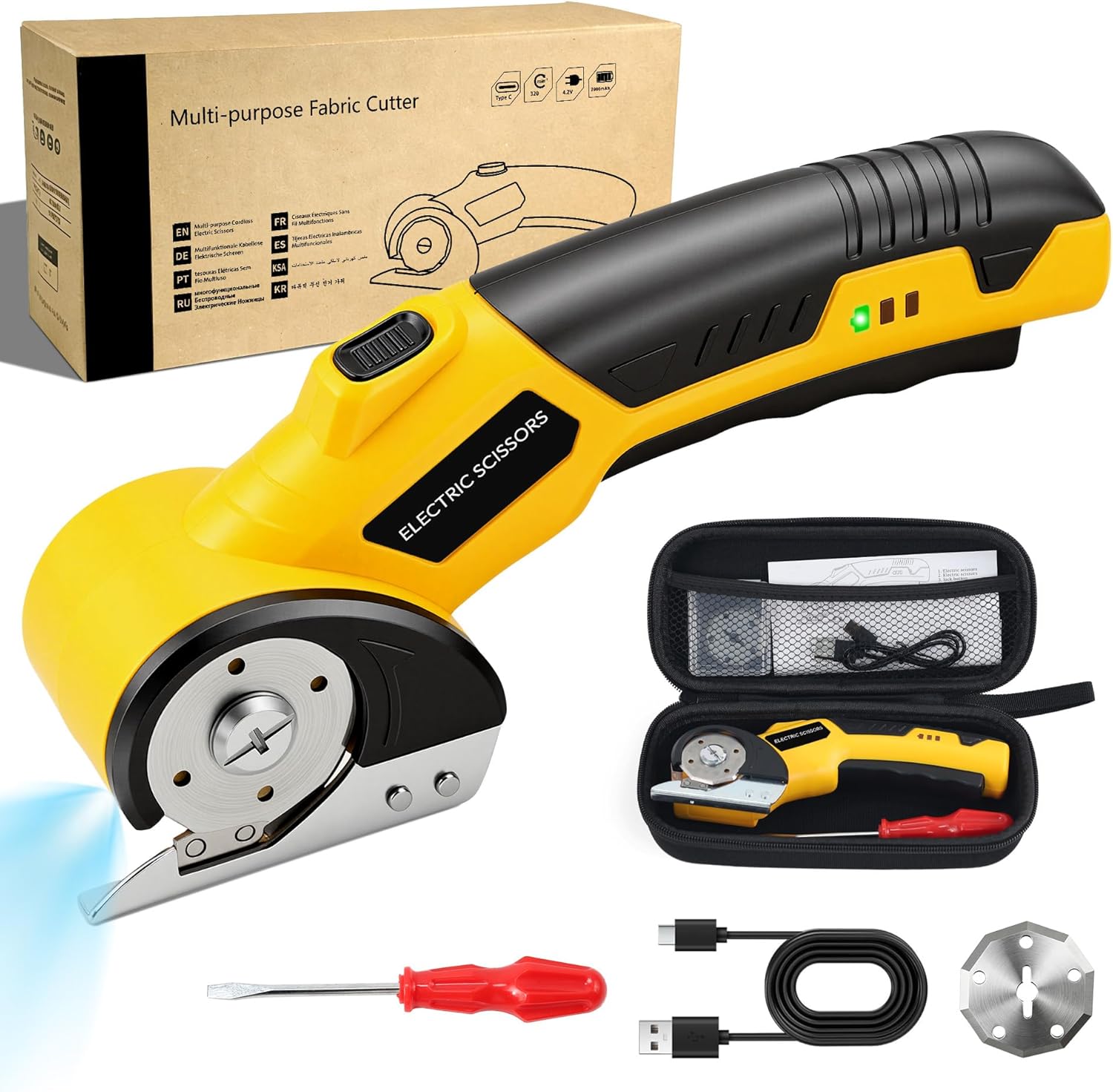 Cordless Electric Scissors, 4.2V Rechargeable Cardboard Cutter Electric with LED Light, Safety Lock & Replaceable Blades, Electric Box Cutter for Cardboard, Fabric, Leather, Carpet-Yellow