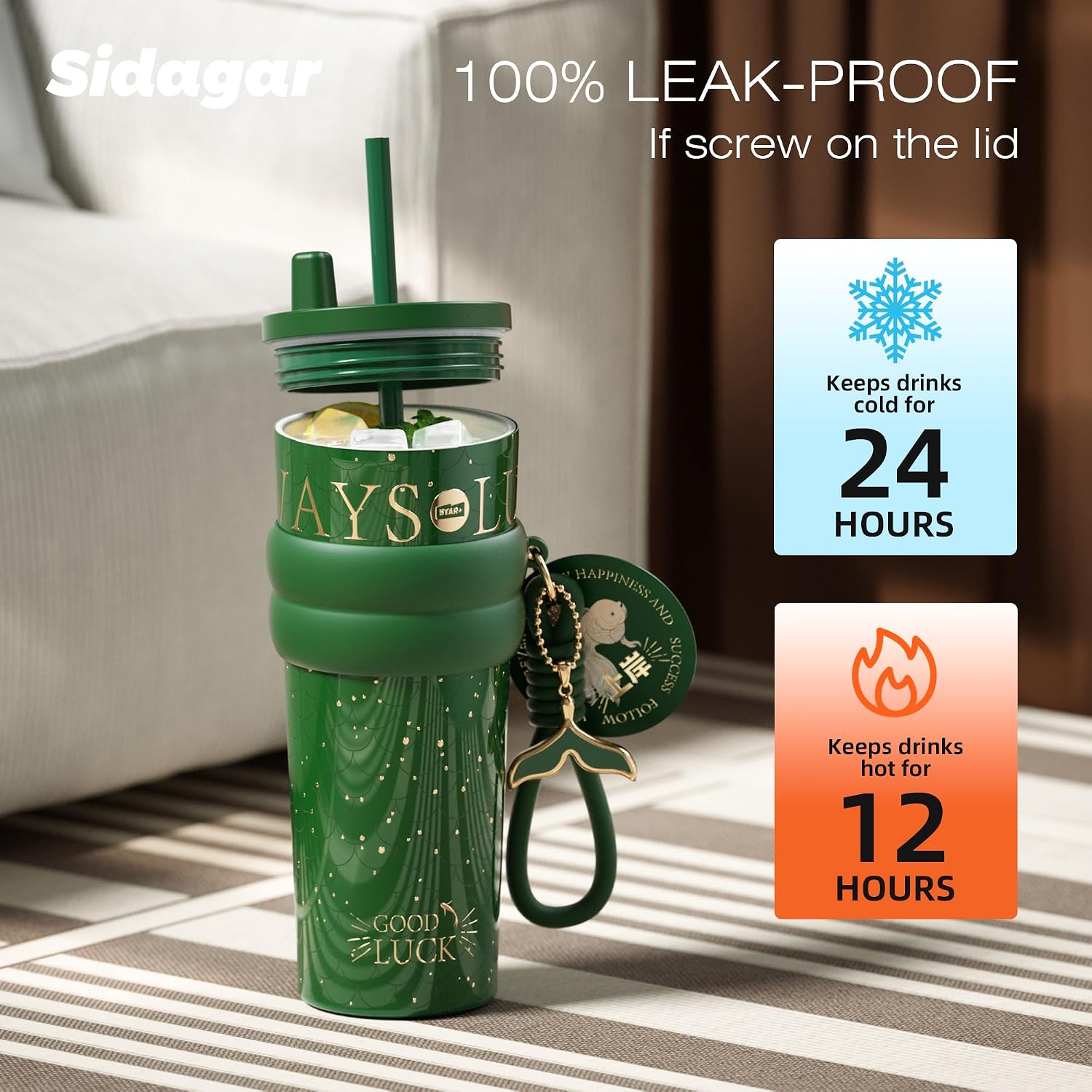 24 oz Tumbler with Lid and Straw, Insulated Coffee Mug Leak Proof, Portable Iced Travel Water Bottle, Reusable Thermal Coffee Cup, Gifts for Women, Emerald Green