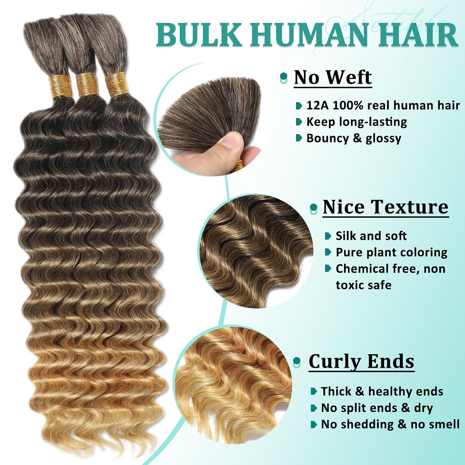 Ombre Human Braiding Hair for Boho Braids 24 Inch 120g Deep Wave Bulk Boho Human Hair for Braiding Curly Knotless Bohemian Braids 12A 100% Brazilian Virgin No Weft Extensions 3 Bundles/Pack T4/27 image 2