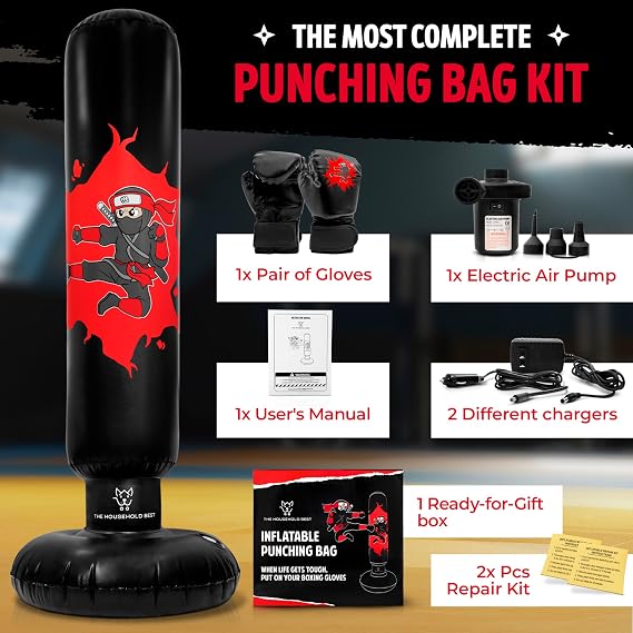 THB Inflatable Punching Bag for Kids, 63 Freestanding Ninja Boxing Bag Including Electric Air Pump with Gloves for Practicing Karate, Taekwondo, MMA