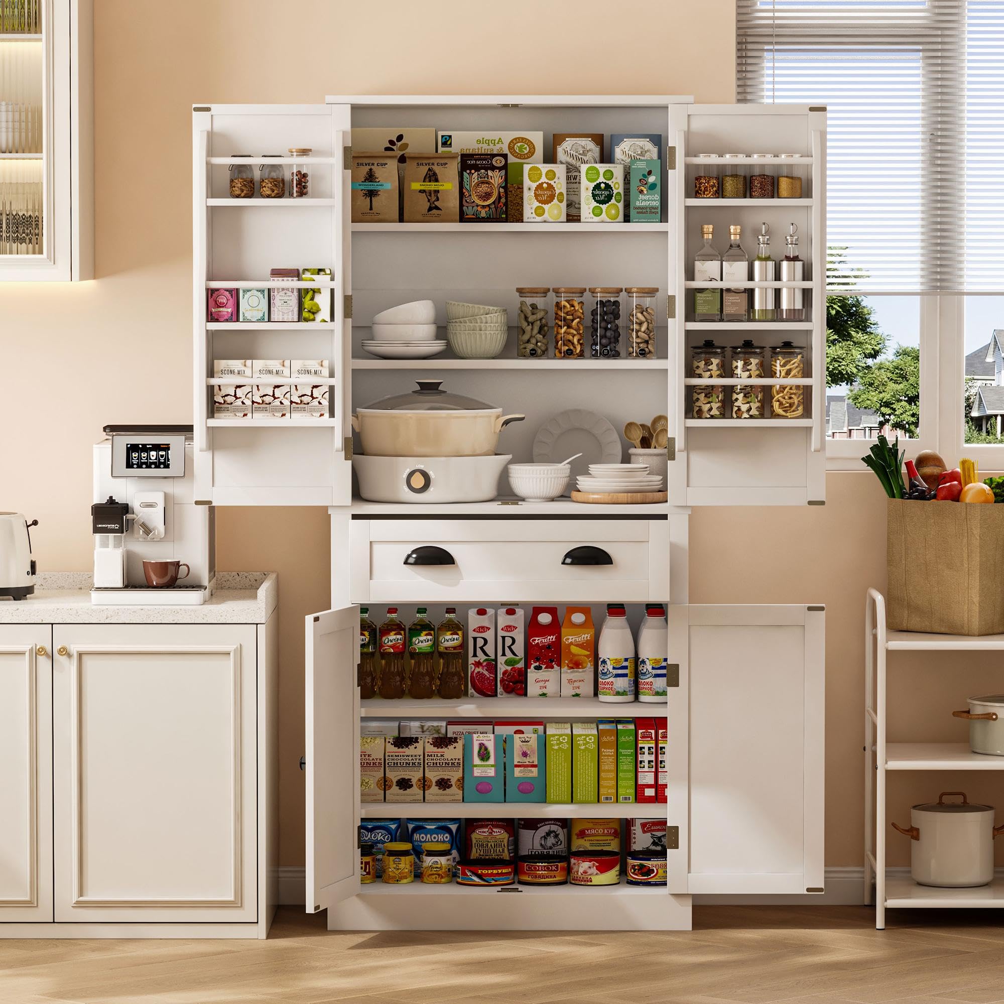 Küchenschrank mit 4 Türen und 1 Schublade, Mehrzweckschrank Hochschrank mit 6 Staufächer und 4 Verstellbare Ablageflächen, Buffetschrank Vorratsschrank, Küchenmöbel, Weiß, 80x40x182 cm