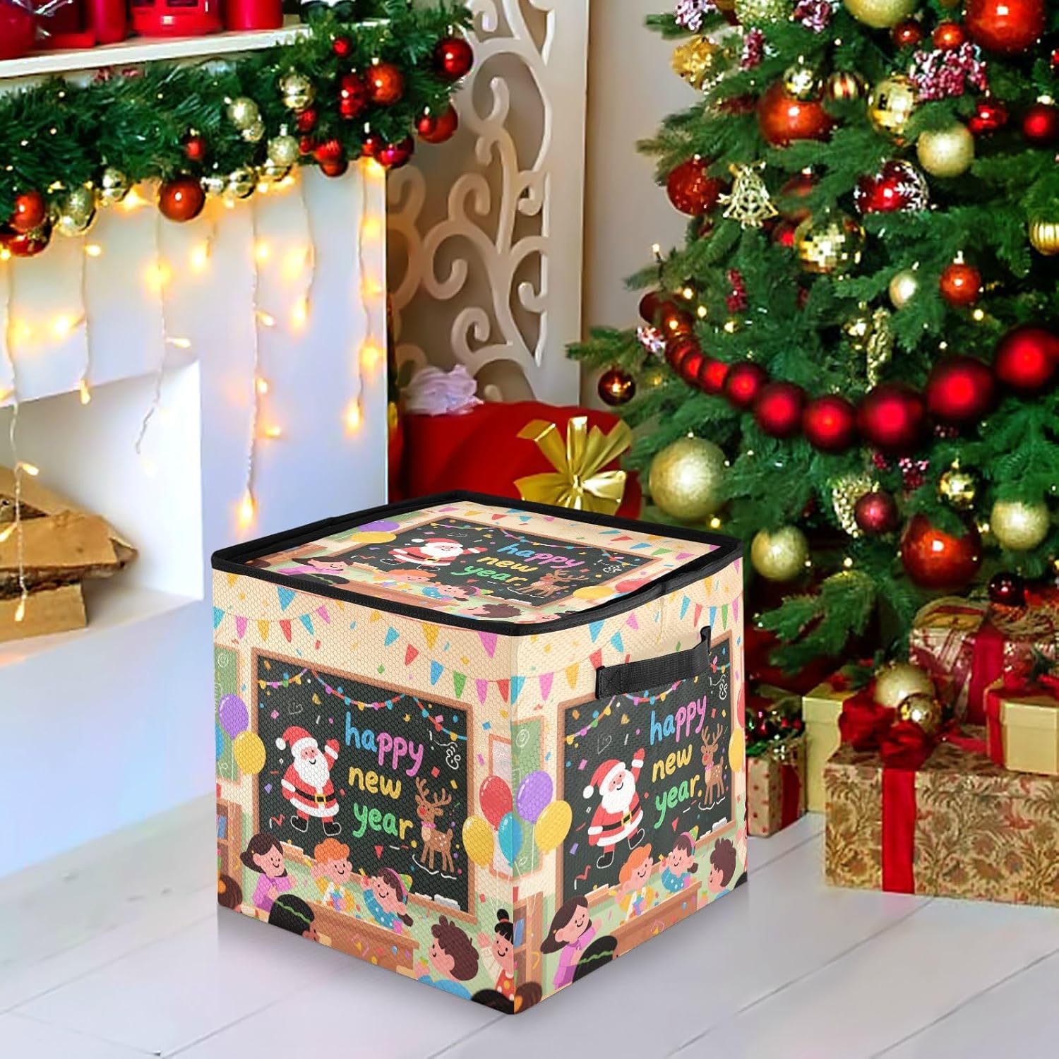 High Capacity Christmas Ornament Storage Box Holds Up to 64, Adjustable Dividers, Zippered Top, Two Handles telescoping Holiday Storage Case with Lid,Happy New Years Class