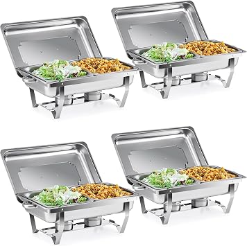 WILPREP Chafing Dish Buffet Set, 4 Pack 9L Chafers for Catering with 8 Half Size Food Pans Fuel Holders 4 Lids Foldable Frames, Stainless Steel Food Warmers for Parties Buffets Banquets Dinners