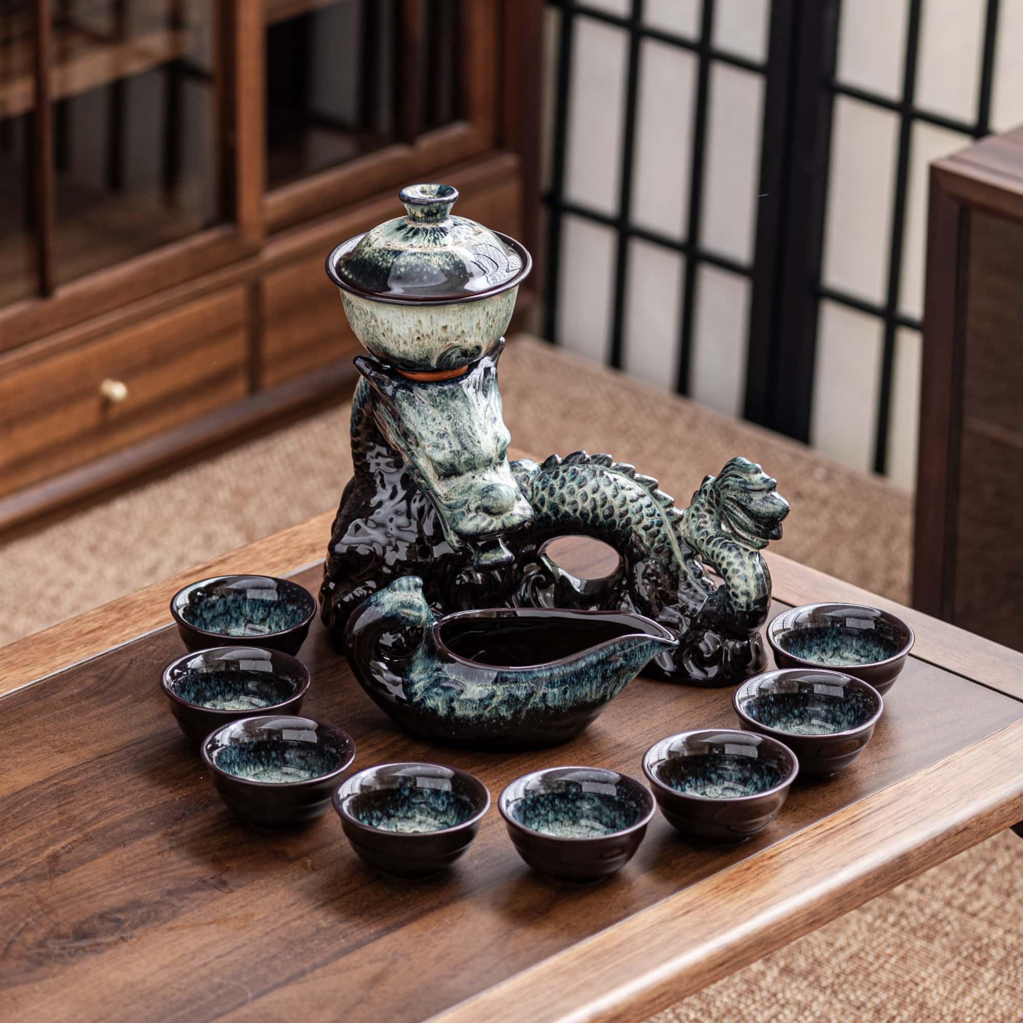 Tetera de cerámica con infusor, Juego de té semiautomático, Tetera mágica con 8 Tazas, Color Degradado (dragón Degradado - C)