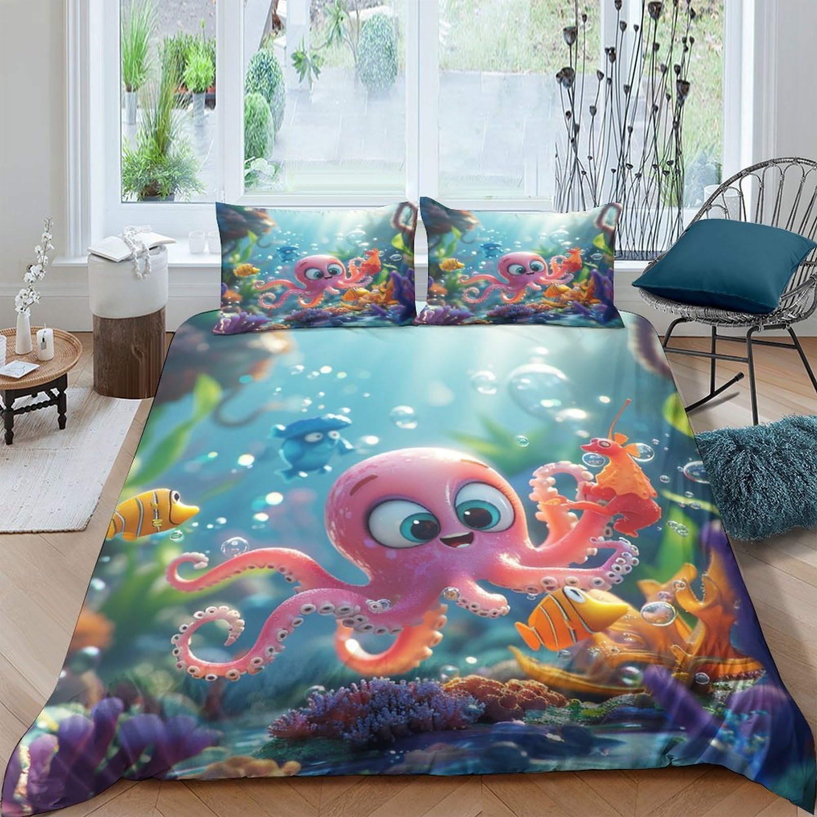 Ctjqhvkz Style-6 3D Printed Cartoon Octopus Fitted Sheet Microfiber Soft Underwater Ocean Mattress Cover For Bedroom Guest Room Decor Single（135X200cm）
