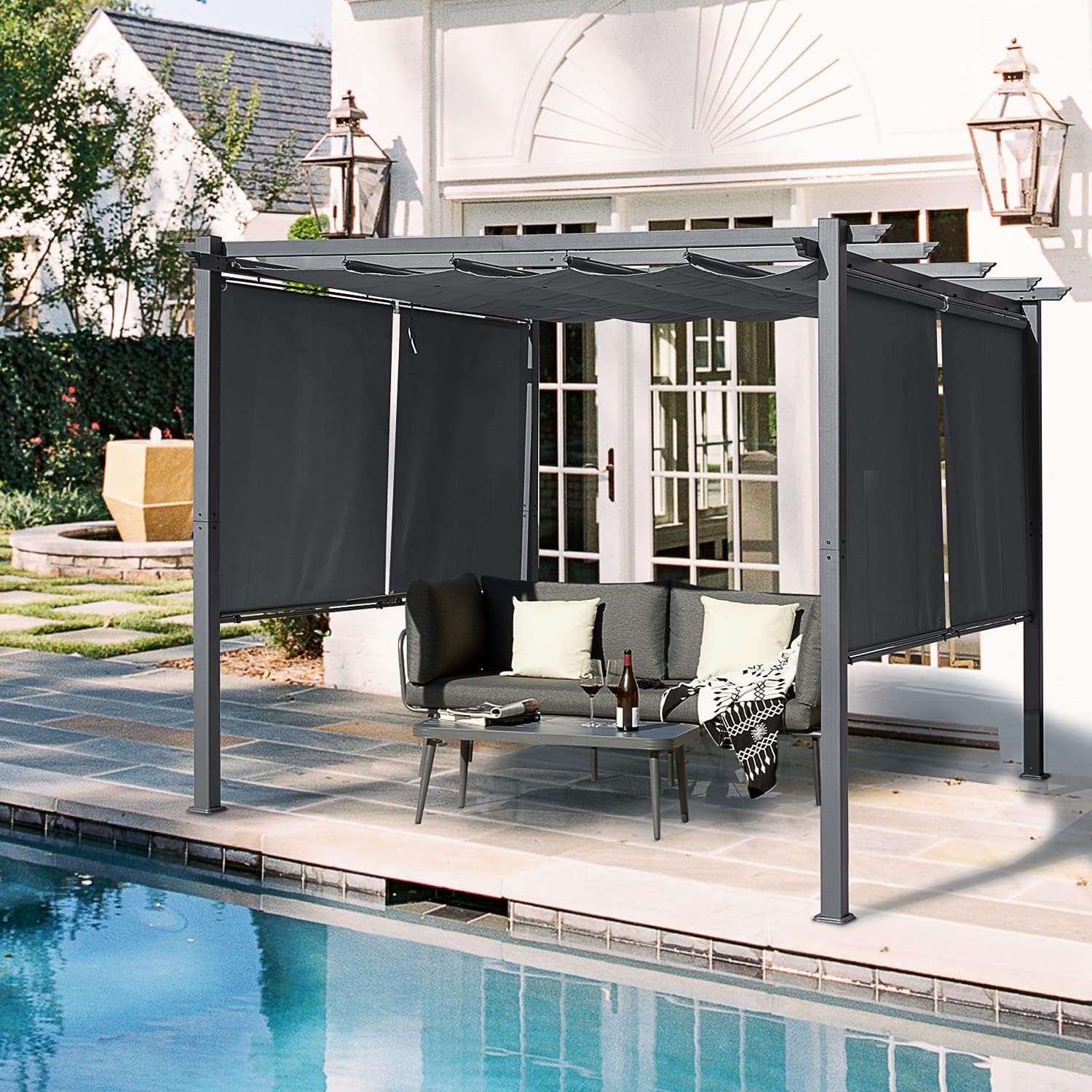 EROMMY 10' x 10' Outdoor Pergola with Adjustable Sun Shade Tarpaulin Canopy on Top and Sides, Aluminum Patio Pavilion Grill Gazebo with Weather-Resistant Fabric for Patio Garden Deck Lawn, Gray