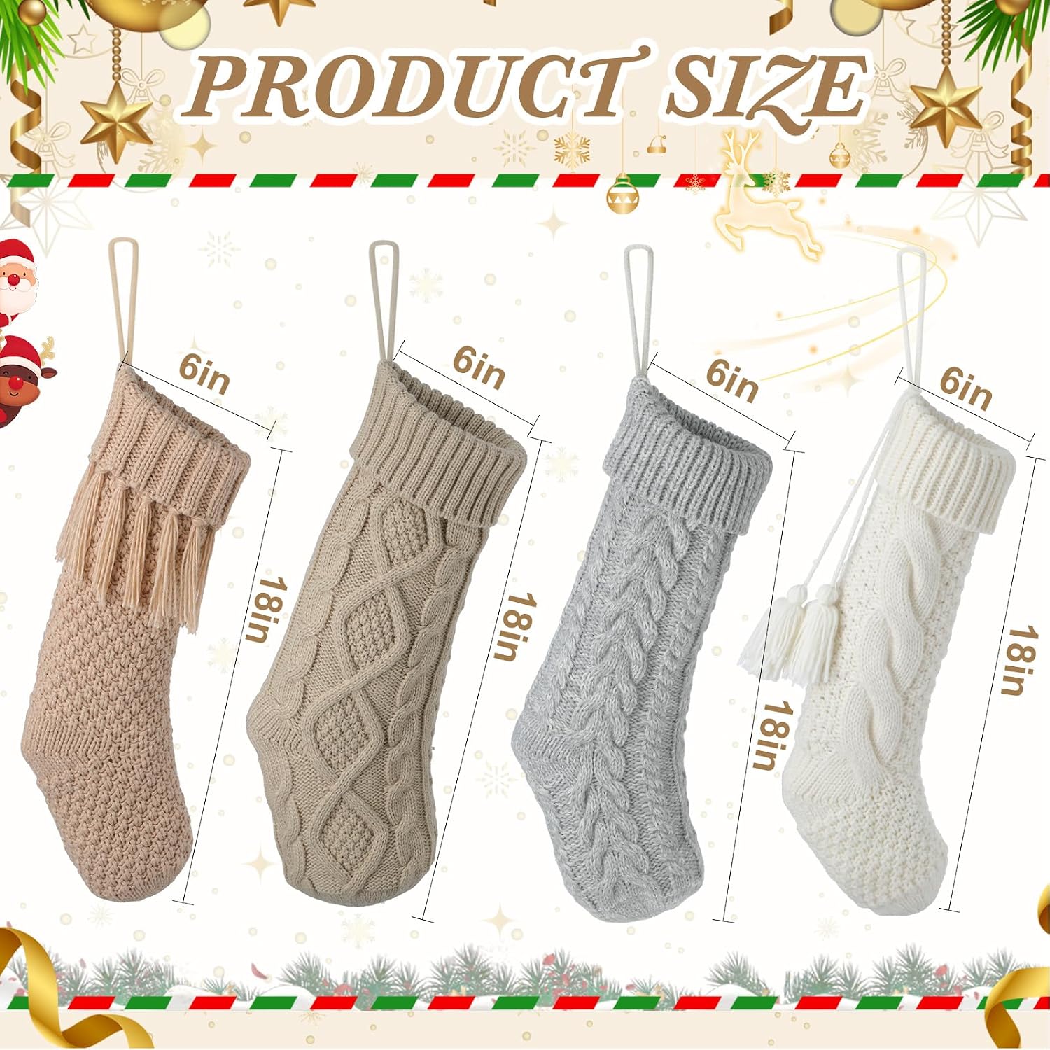 4 Pack White Knit Christmas Stockings – Large 18” Rustic Farmhouse Vintage Cable Knit Holiday Stockings, Cream Ivory Neutral Boho Style for Fireplace Mantel Hanging Family Décor (Linen Color)