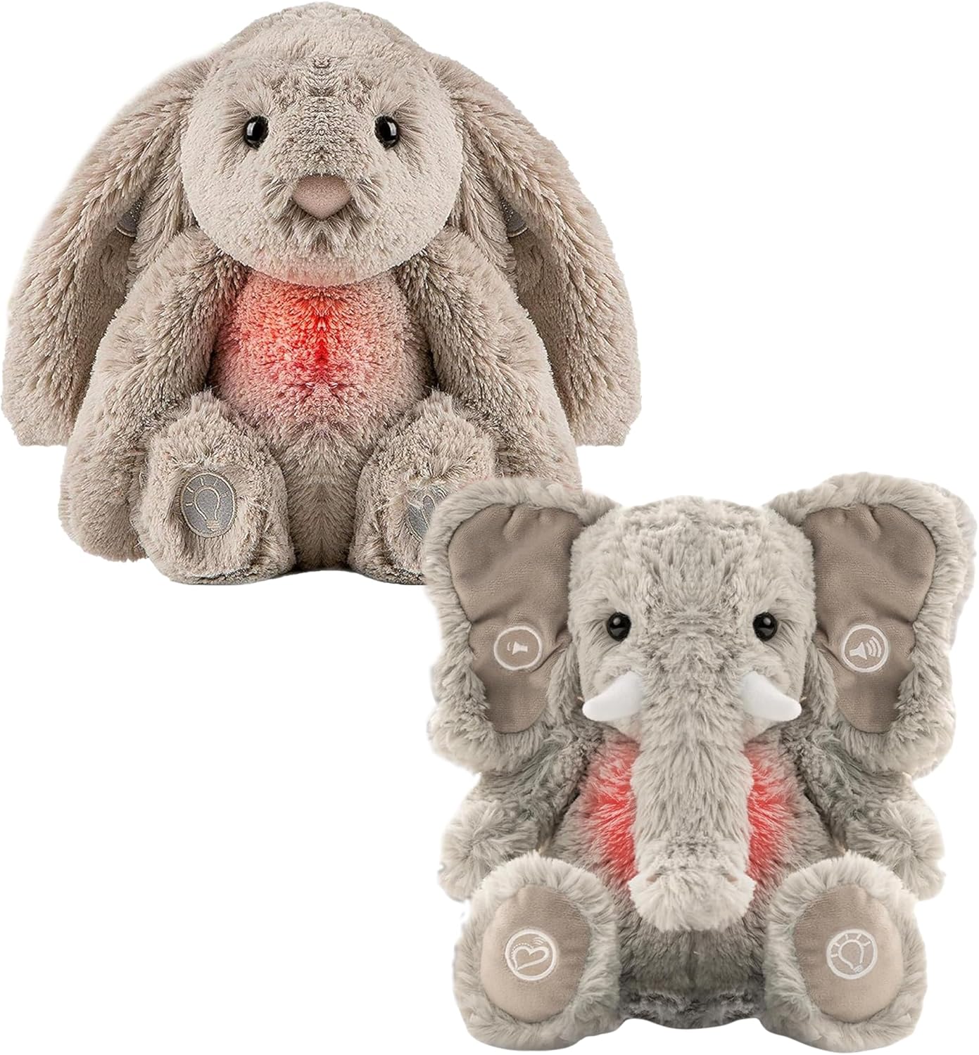 Gemma Joy Bedtime Baby Soother with Cry Activated Sensor, Plush Stuffed Animal for Newborn Infants - Bunny Non Rechargeable and Elephant Rechargeable - (2pcs)