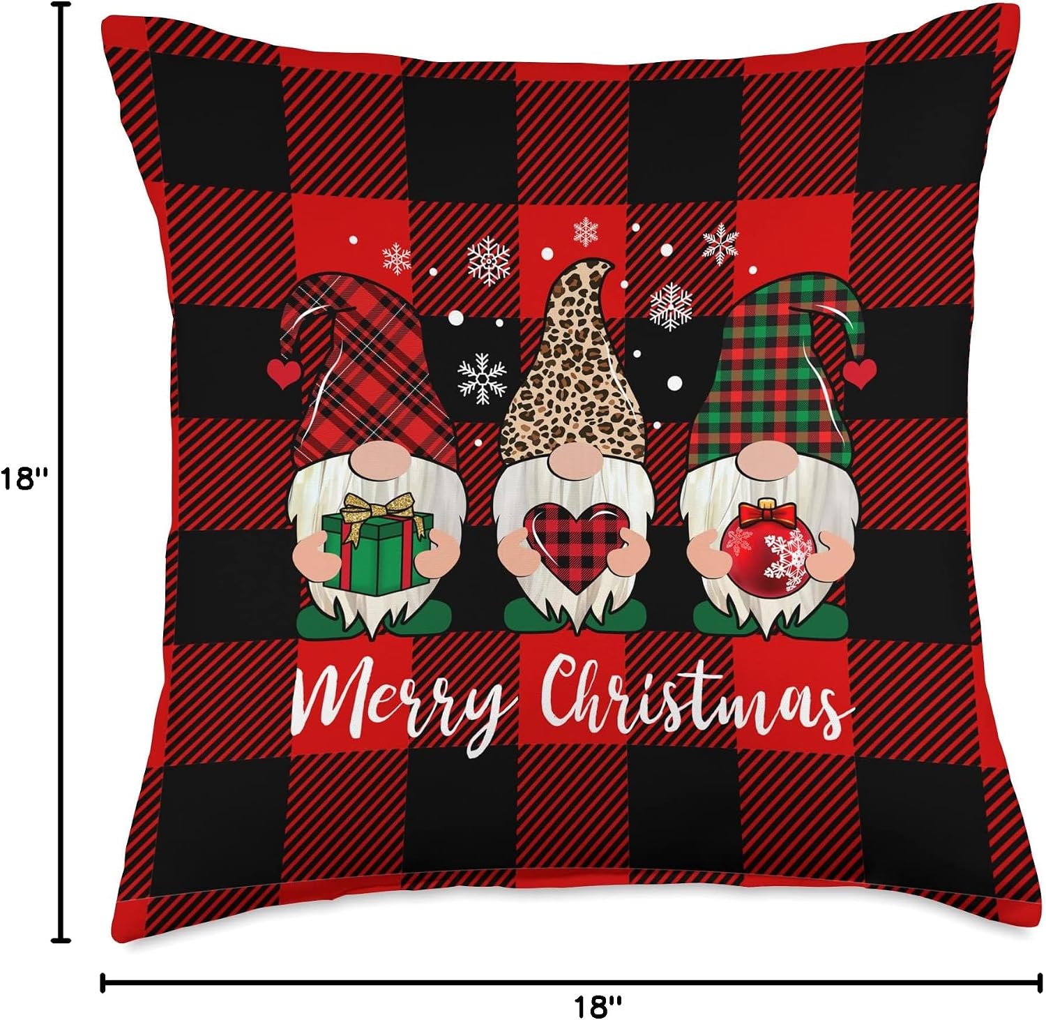 Three Gnomes Buffalo Plaid Leopard Print Merry Christmas Throw Pillow