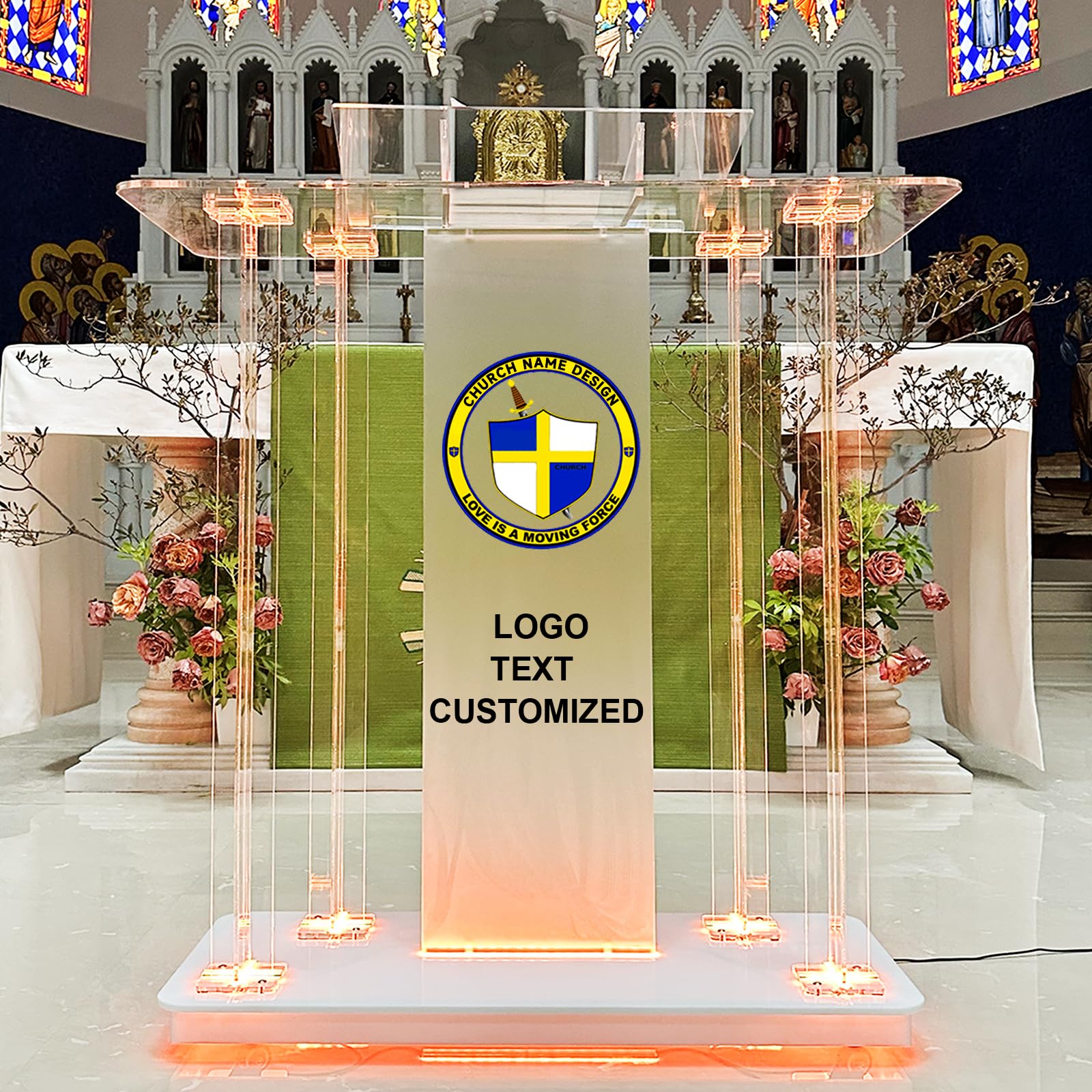 Púlpito de iglesia, 118,5cm Atril acrílico transparente con ruedas, Atril cilíndrico atril transparente con plataforma de lectura vertical para iglesias,118,5cm x 90cm x 45 cm (1, Personalizado A)