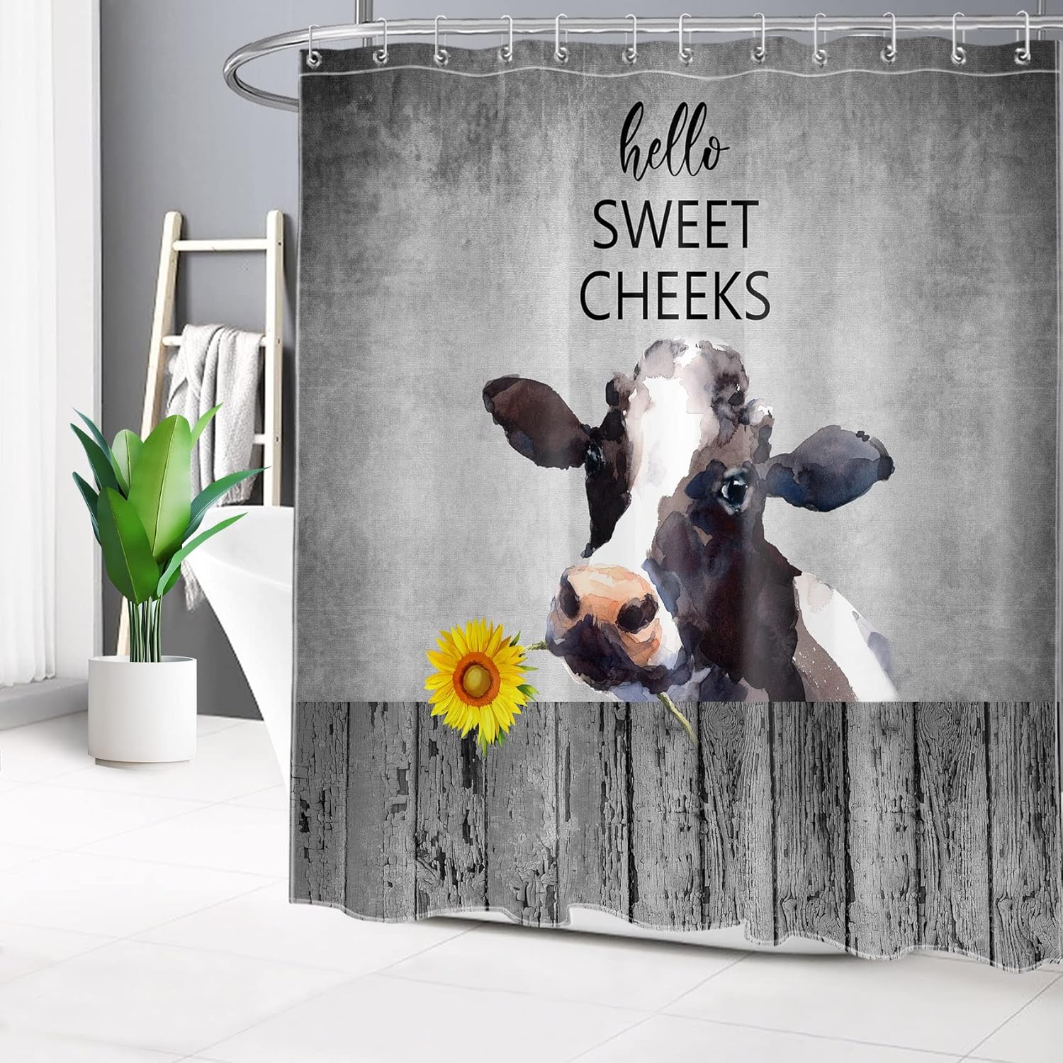 Farmhouse Cow Shower Curtain Funny Animal Cow with Sunflower Rustic Wood Shower Curtain for Bathroom Hello Sweet Cheeks Country Bathroom Curtain with Hooks 70x78 Inch Polyester Fabric